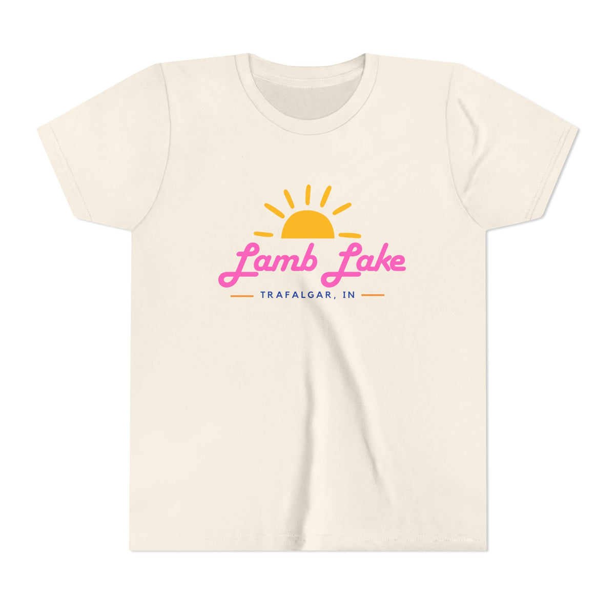 Youth Tee — Lamb Lake Retro Sunset Kids Shirt (Trafalgar, IN)