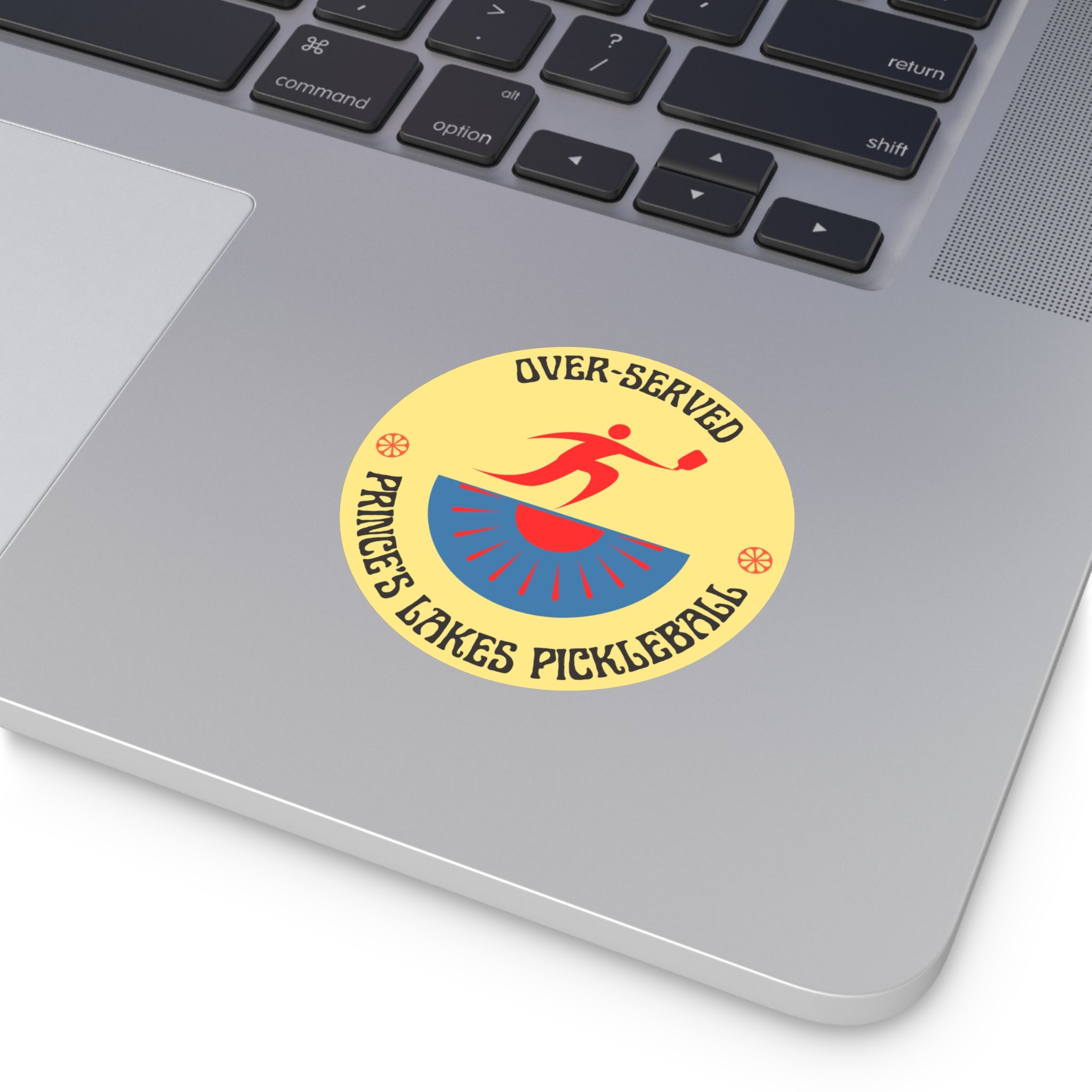 Over-Served Pickleball Round Vinyl Sticker — Prince's Lakes Pickleball Logo
