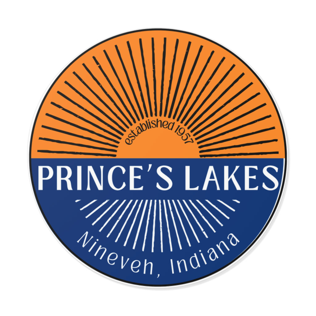 Prince’s Lakes Sunset Round Vinyl Sticker — Nineveh, Indiana Vintage Sunrise Design