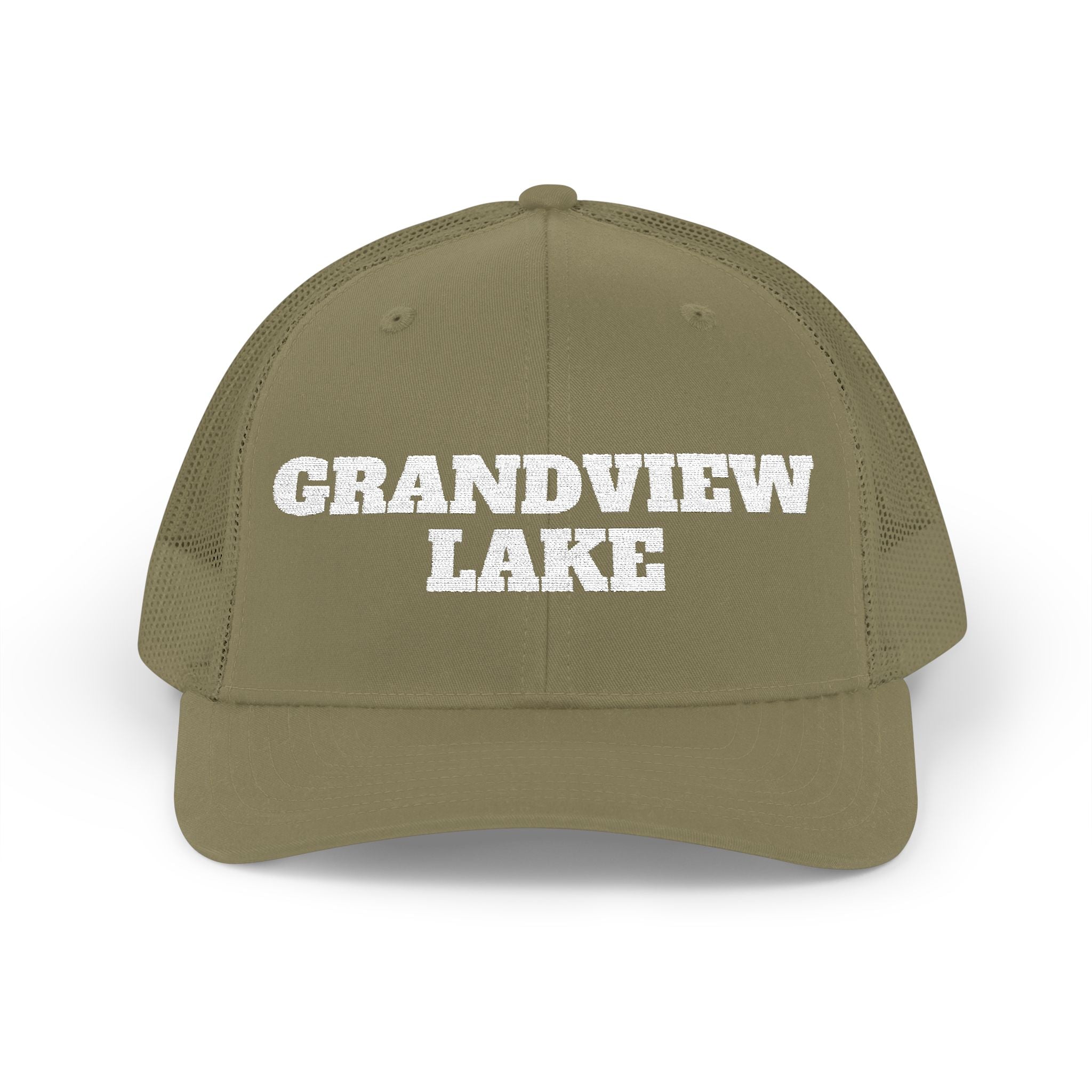 Grandview Lake Trucker Hat — Vintage White Mesh Snapback Cap