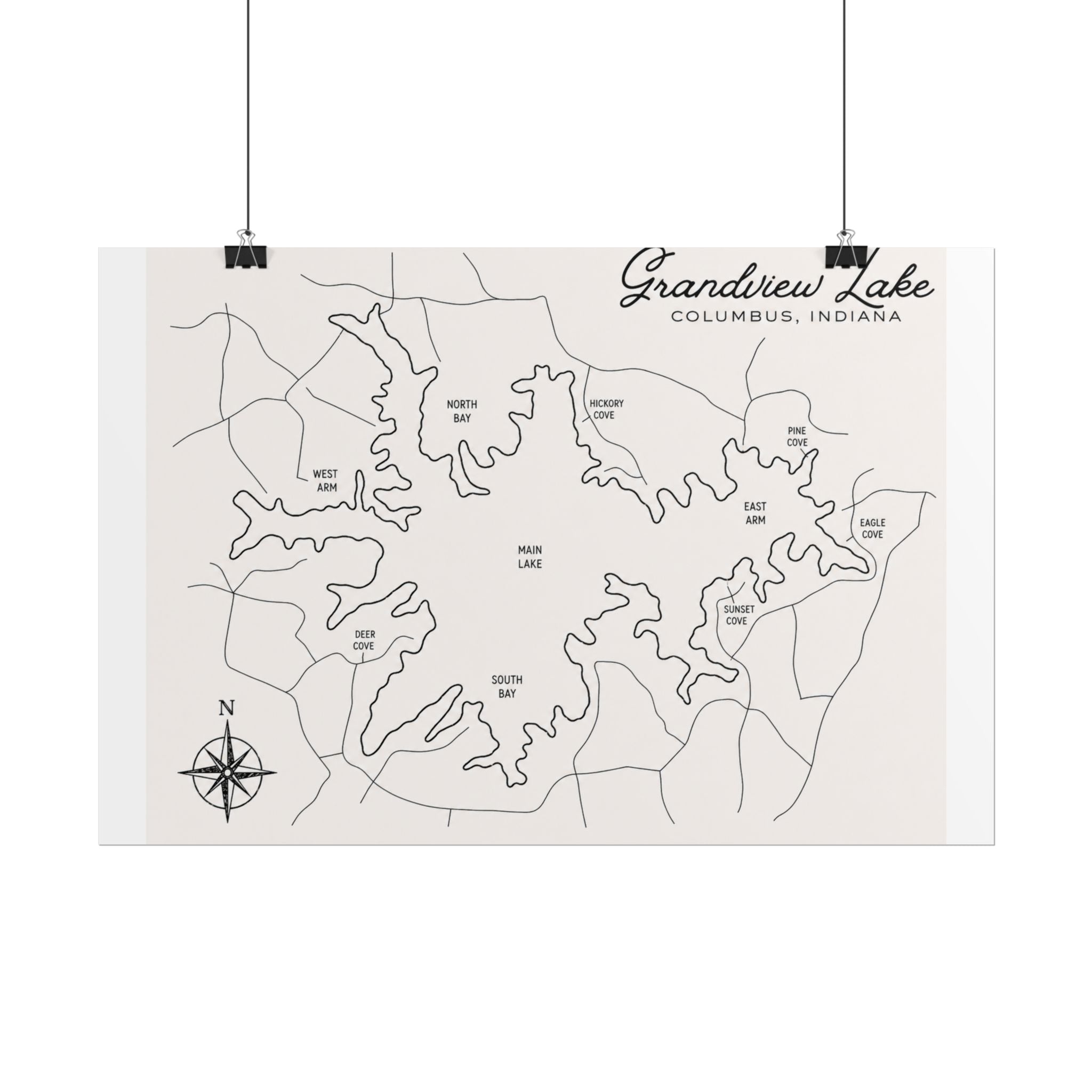 Grandview Lake Map Poster — Rolled Vintage Nautical Lake Map Wall Art