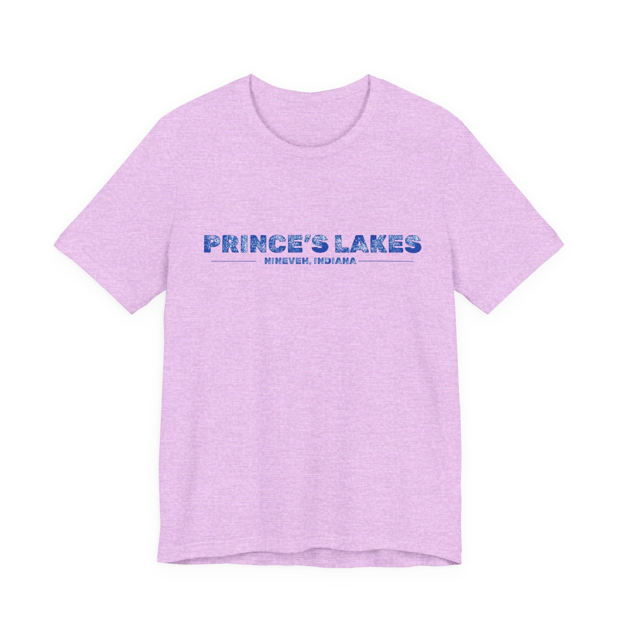 Prince's Lakes, Indiana Tee — Vintage Blue Text Short Sleeve T-Shirt