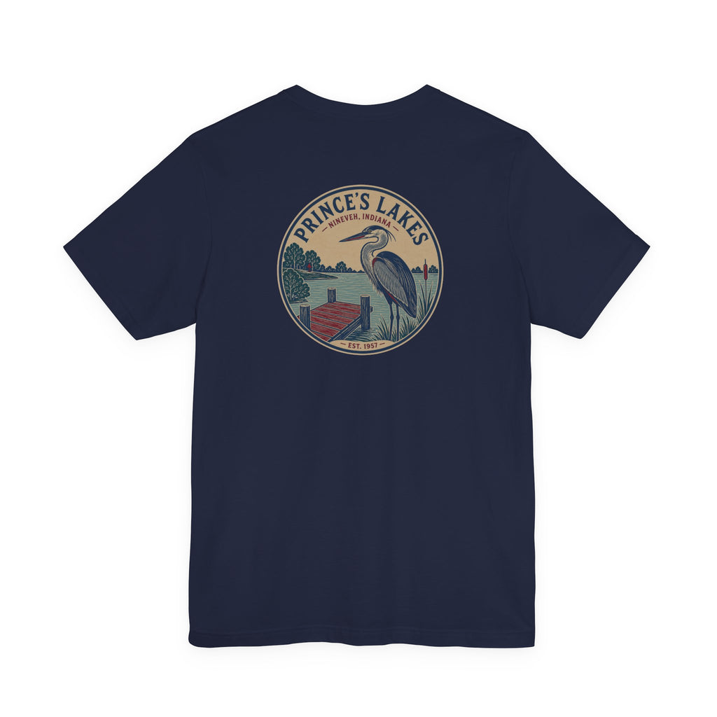 Prince's Lakes Great Blue Heron Graphic Tee — Vintage Nature Pocket & Back Print