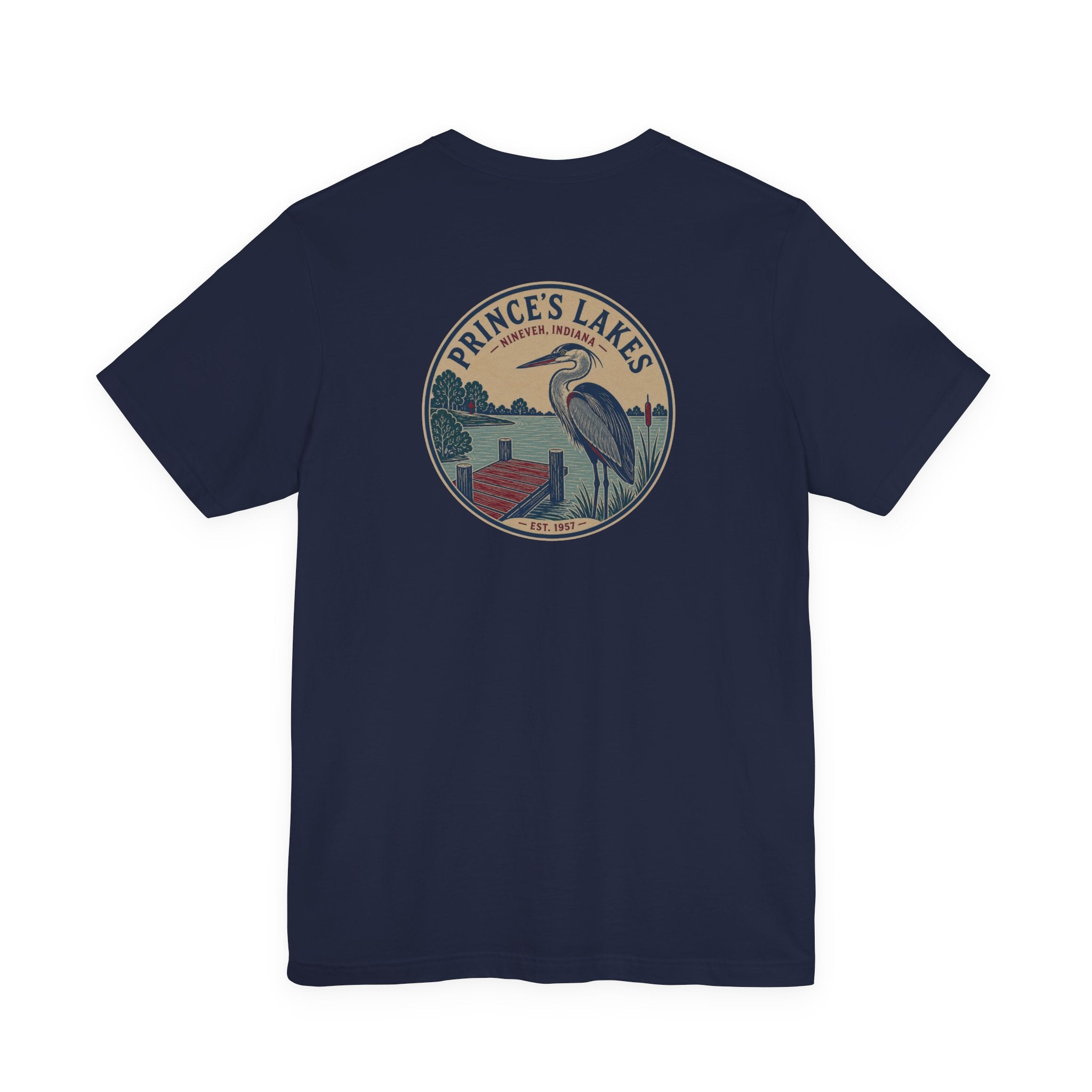 Prince's Lakes Great Blue Heron Graphic Tee — Vintage Nature Pocket & Back Print