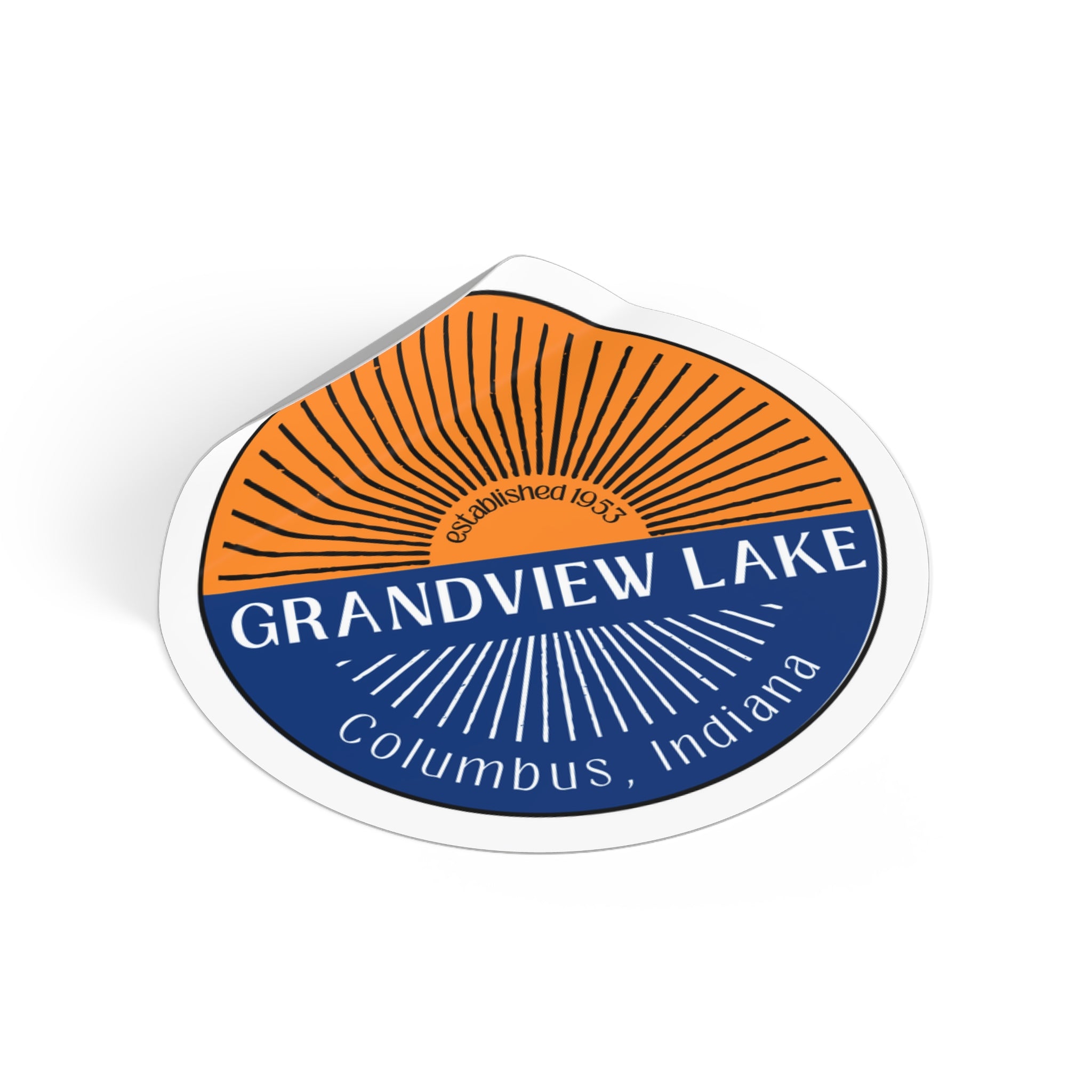 Grandview Lake Sunset Round Vinyl Sticker — Columbus, Indiana Vintage Sunrise Design