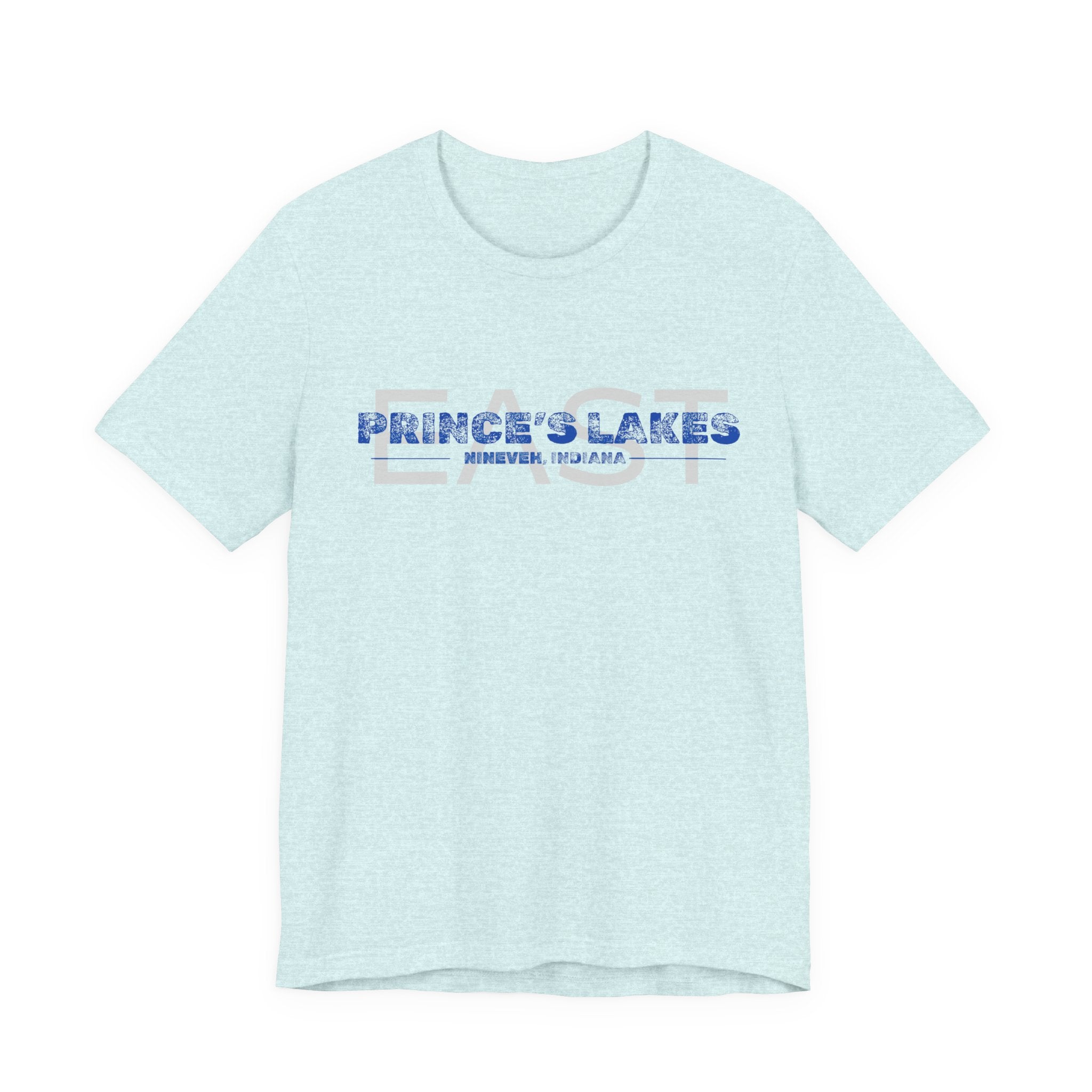 EAST Prince's Lakes, Indiana Tee — Vintage Blue Text Short Sleeve T-Shirt