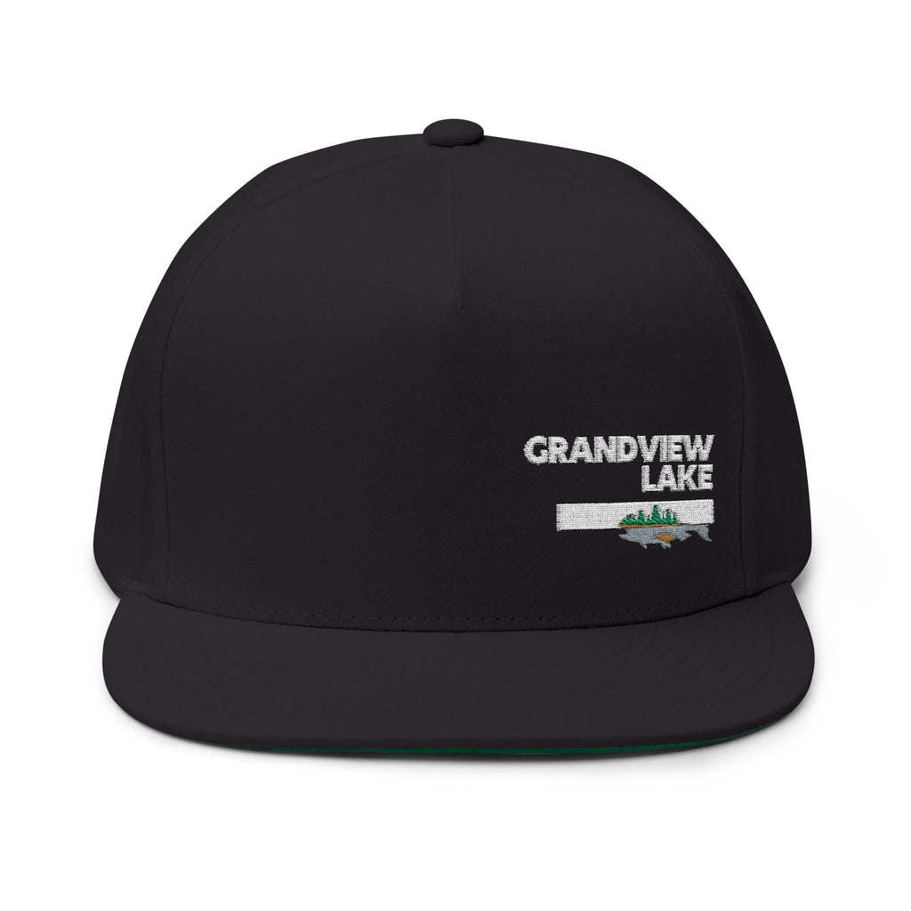 Grandview Lake White Embroidered Flat Bill Cap — Fishing & Lake Life Snapback
