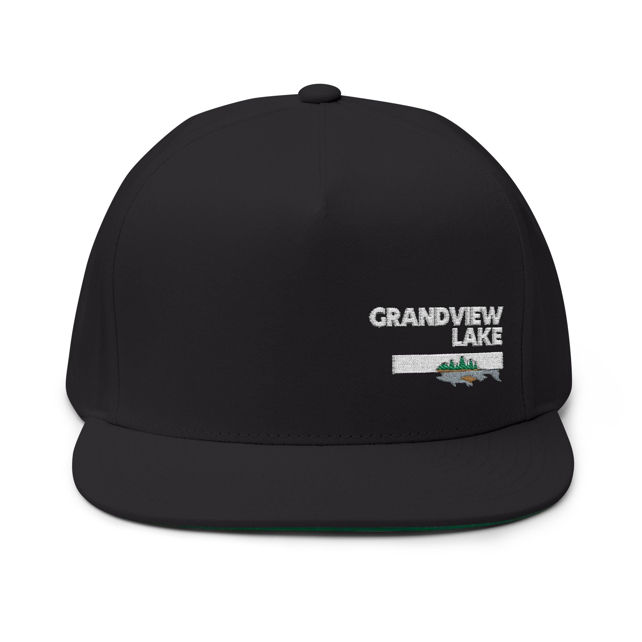 Grandview Lake White Embroidered Flat Bill Cap — Fishing & Lake Life Snapback