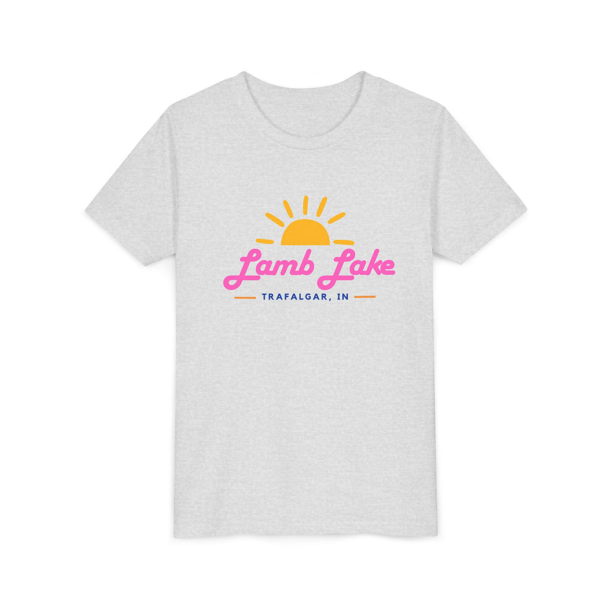 Youth Tee — Lamb Lake Retro Sunset Kids Shirt (Trafalgar, IN)