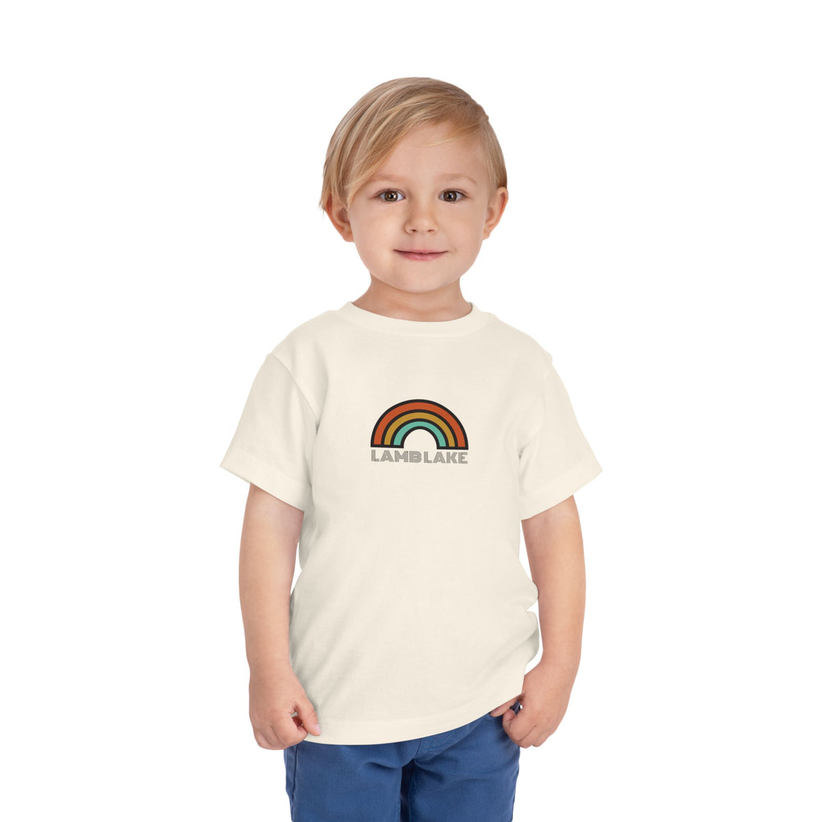 Retro Rainbow Toddler Tee — "Lamb Lake" Graphic Short Sleeve