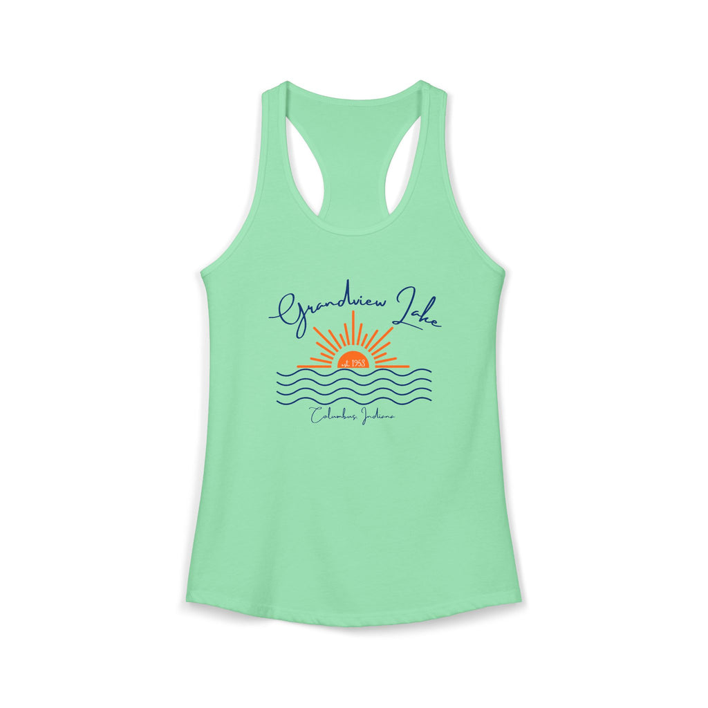 Women's Ideal Racerback Tank- Sun over Water "Grandview Lake" Script