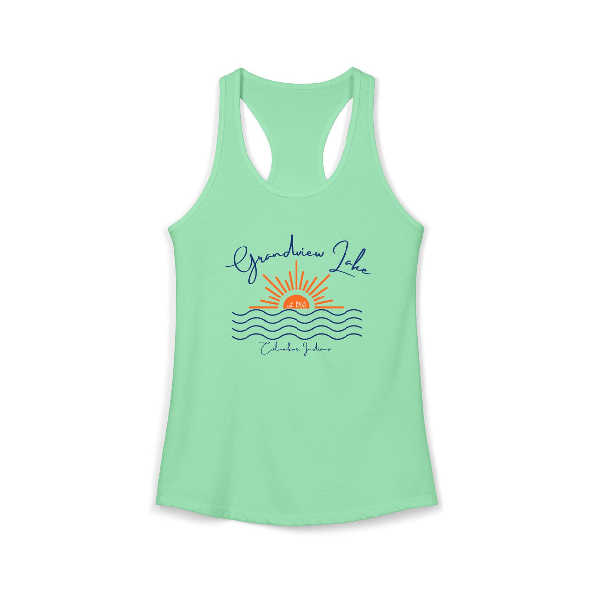Women's Ideal Racerback Tank- Sun over Water "Grandview Lake" Script