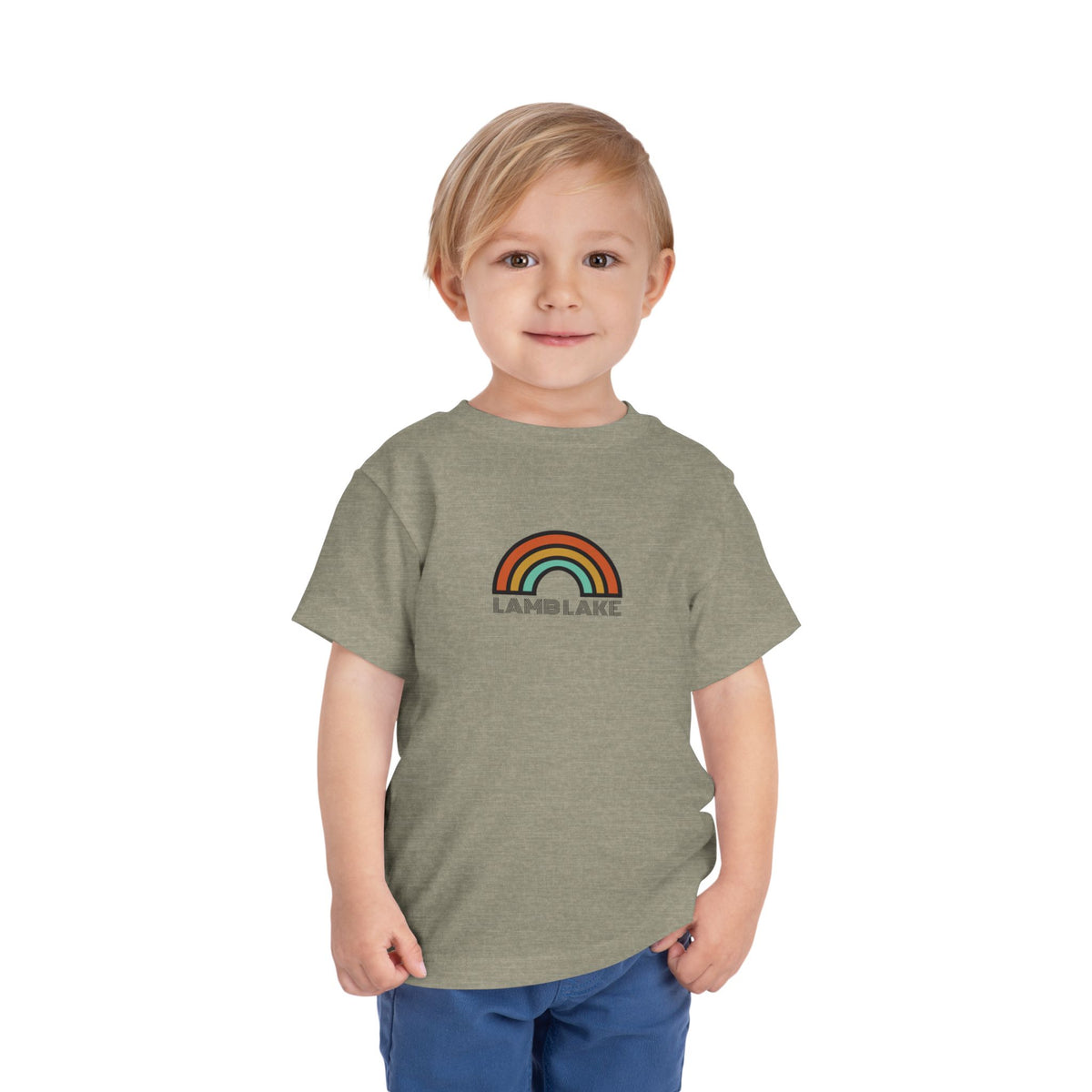 Retro Rainbow Toddler Tee — "Lamb Lake" Graphic Short Sleeve