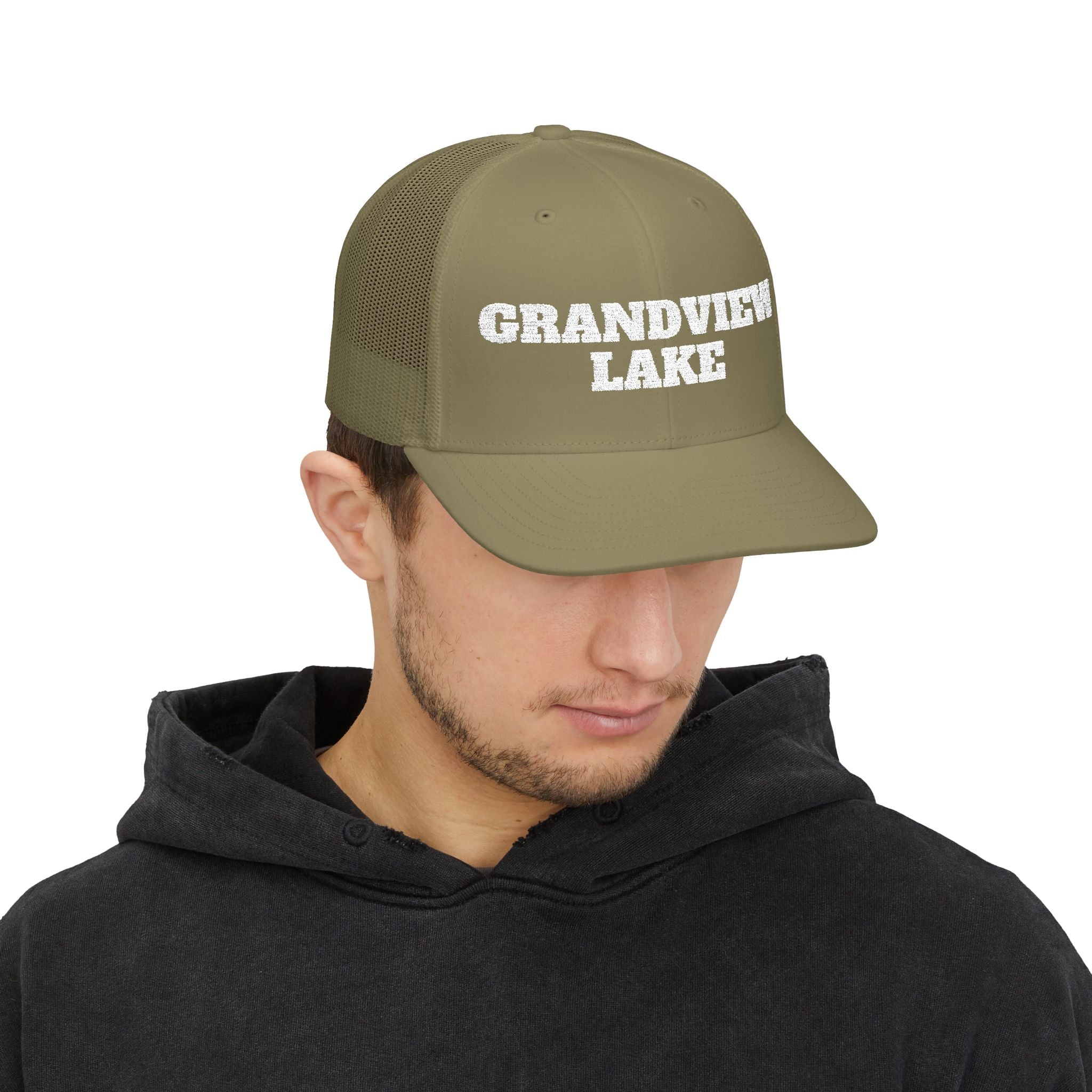 Grandview Lake Trucker Hat — Vintage White Mesh Snapback Cap