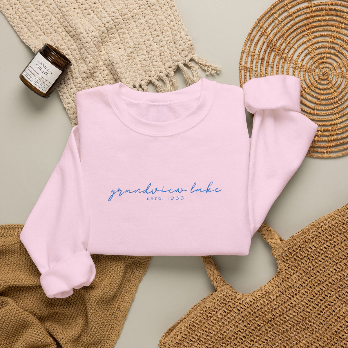 Grandview Lake Script Embroidered Unisex Sweatshirt — Minimal Blue Handwritten Logo Crewneck