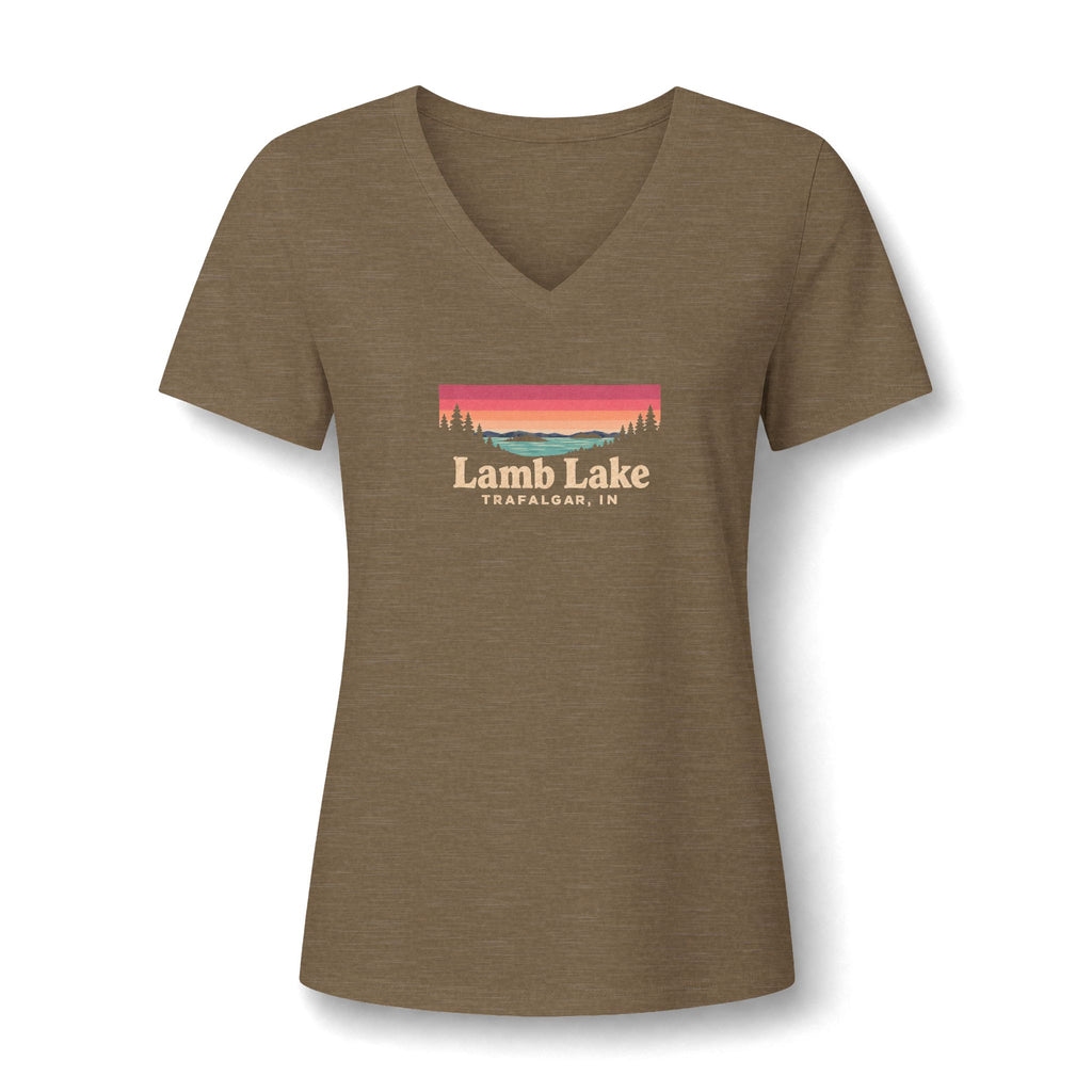 Lamb Lake Women's V-Neck Tee — Sunset Lake Graphic