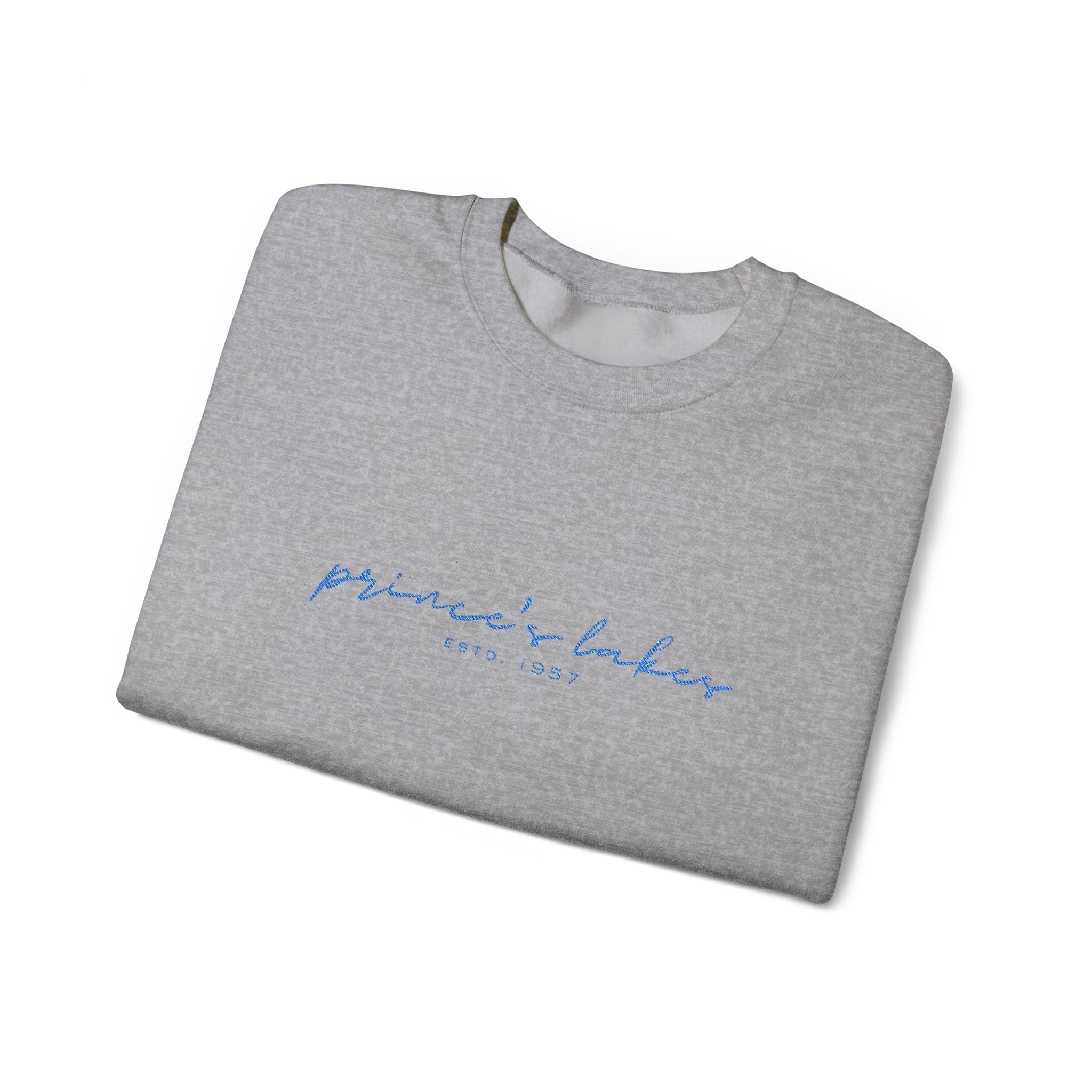 'Prince's Lakes' Script Embroidered Unisex Sweatshirt — Minimal Blue Handwritten Logo Crewneck