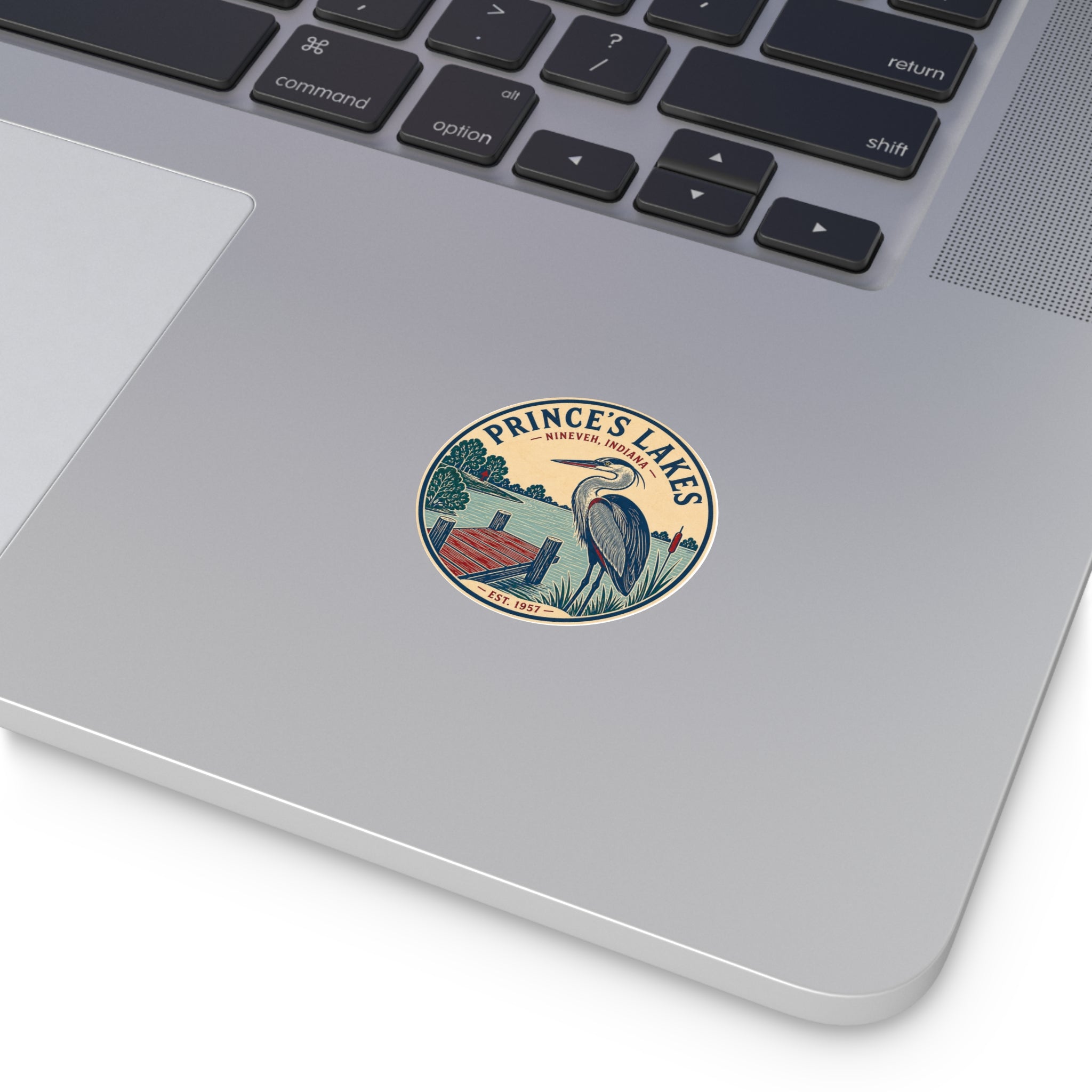 Prince's Lakes Round Vinyl Sticker — Great Blue Heron Lake Emblem