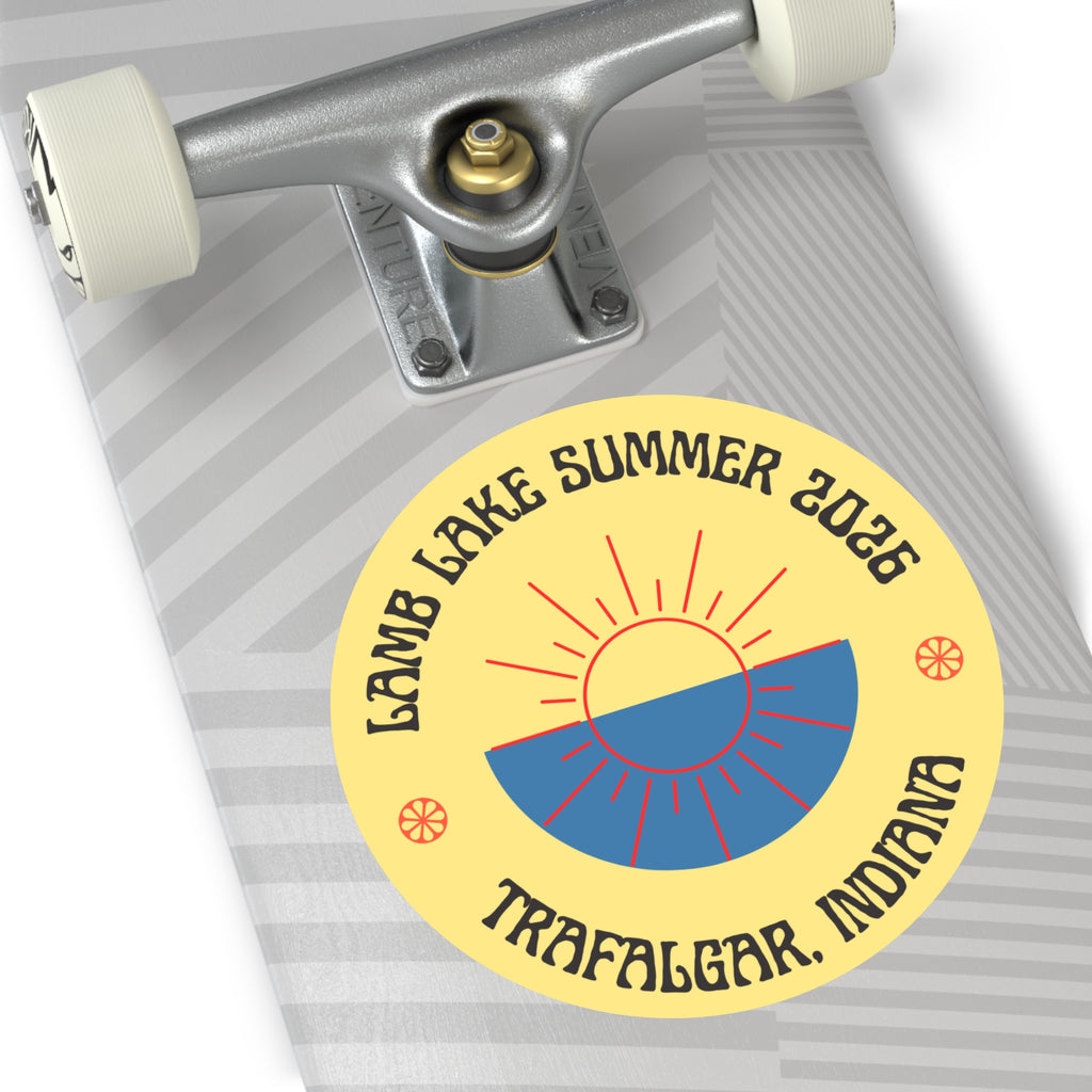 Lamb Lake Summer ’26 Round Vinyl Sticker — Trafalgar, Indiana Sun Logo
