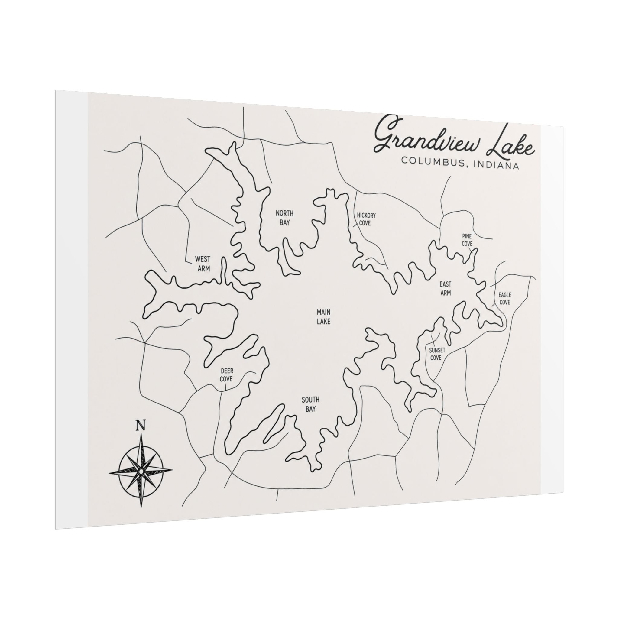 Grandview Lake Map Poster — Rolled Vintage Nautical Lake Map Wall Art