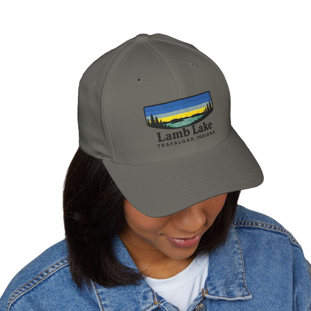 Lamb Lake Embroidered Cap — Scenic Lake Sunset Hat