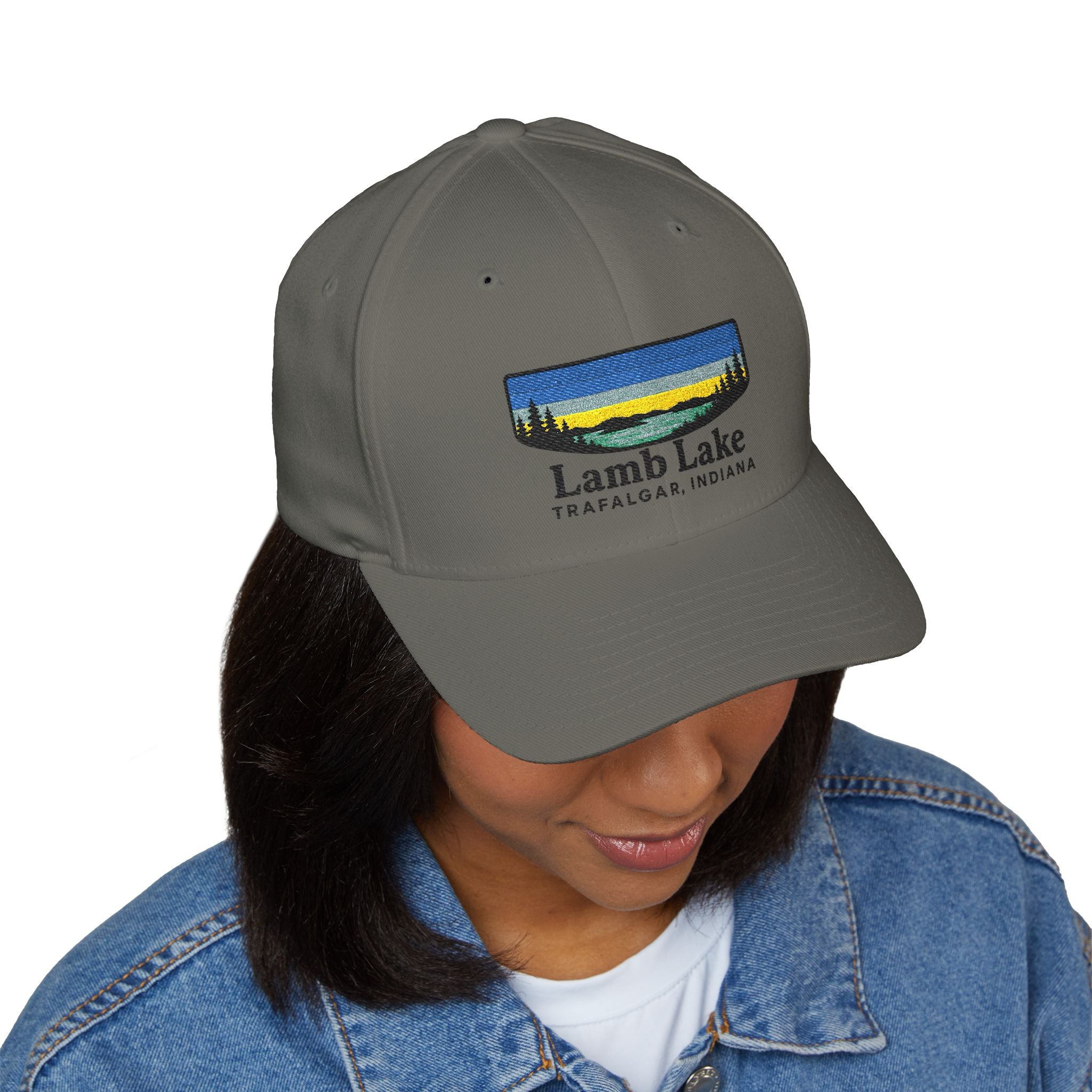 Lamb Lake Embroidered Cap — Scenic Lake Sunset Hat