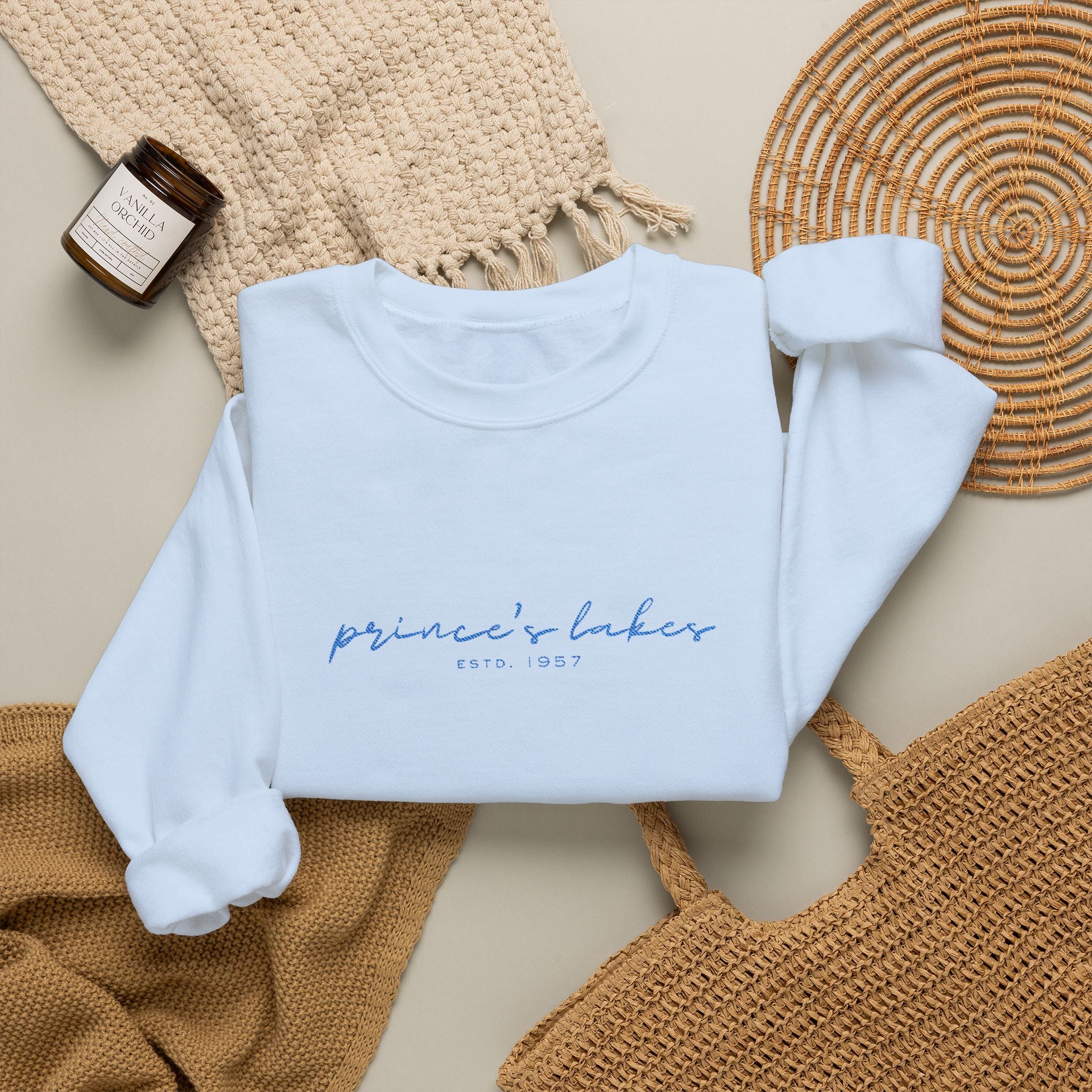 'Prince's Lakes' Script Embroidered Unisex Sweatshirt — Minimal Blue Handwritten Logo Crewneck