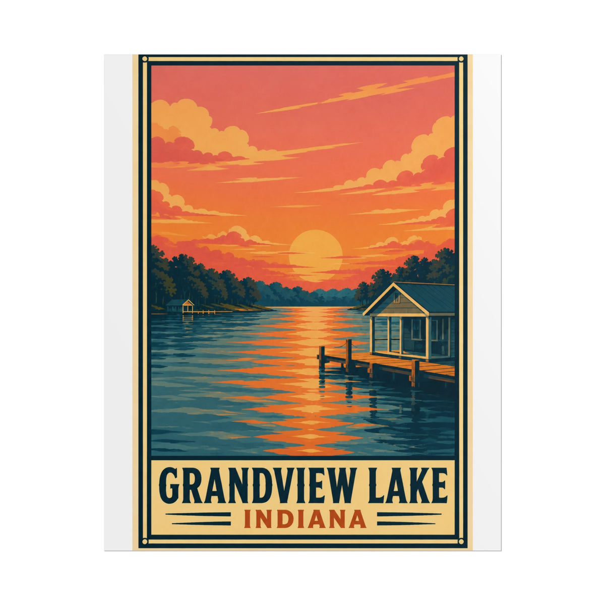 Grandview Lake Indiana Sunset Poster — Vintage Lakeside Travel Print