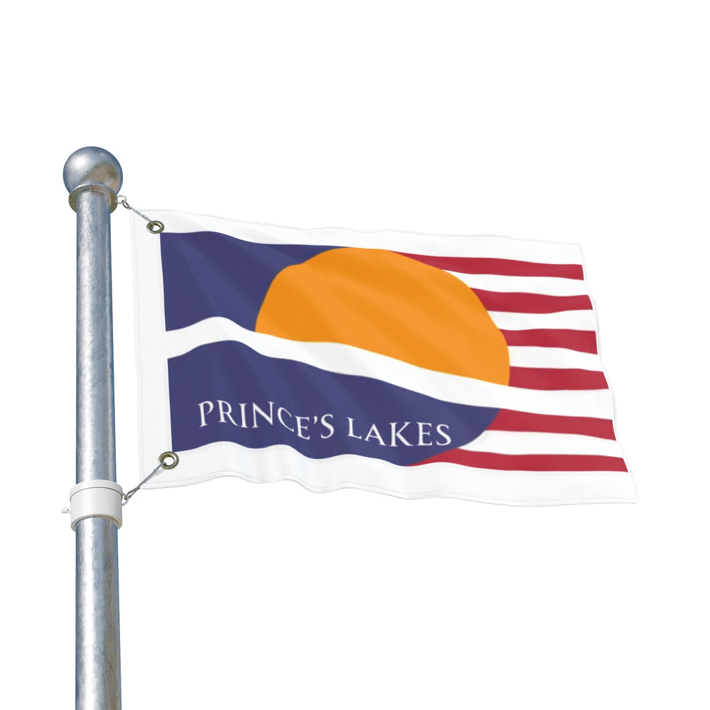 Prince's Lakes Double-Sided Outdoor Flag — Sunset Wave Logo Garden Flag