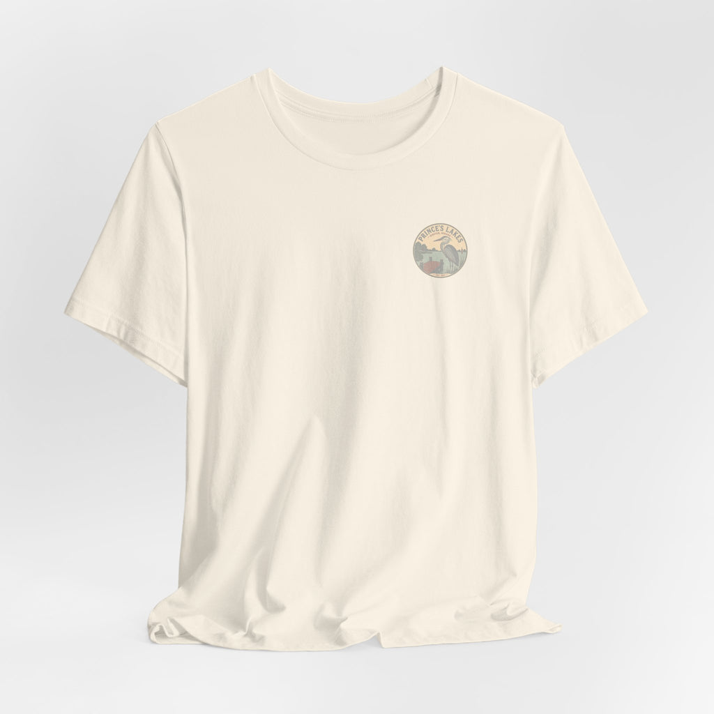 Prince's Lakes Great Blue Heron Graphic Tee — Vintage Nature Pocket & Back Print