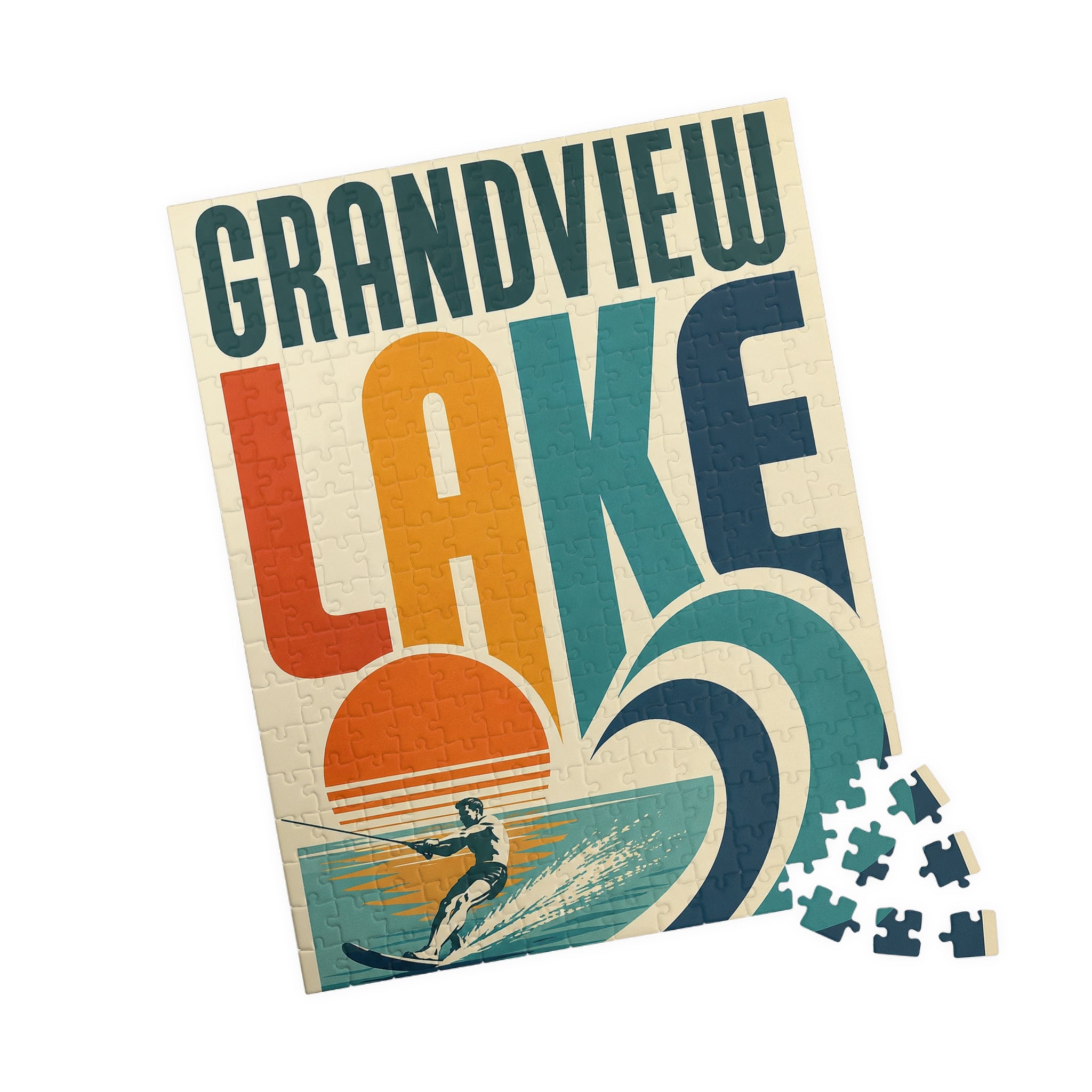 Kids Grandview Lake Retro Waterskiing Puzzle — Vintage Lake Poster Jigsaw (110/252/520 pcs)