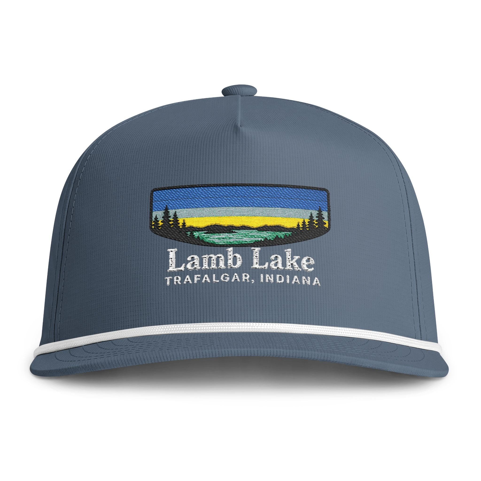 Sunset Lakes Rope Cap — "Lamb Lake" White Font Embroidered Trucker Hat