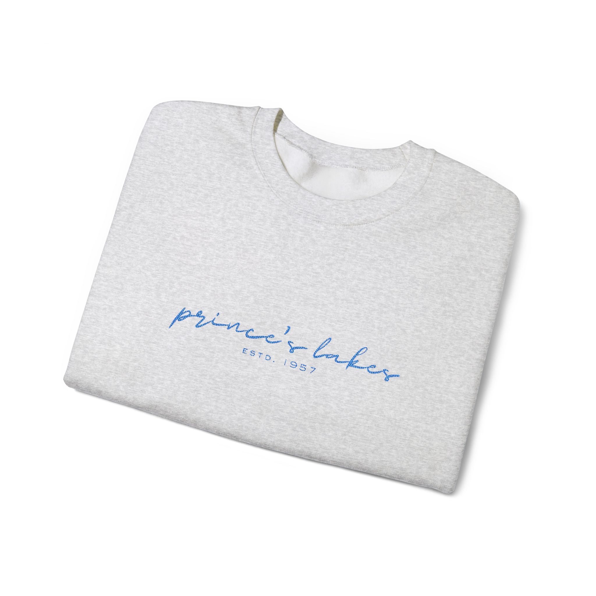 'Prince's Lakes' Script Embroidered Unisex Sweatshirt — Minimal Blue Handwritten Logo Crewneck