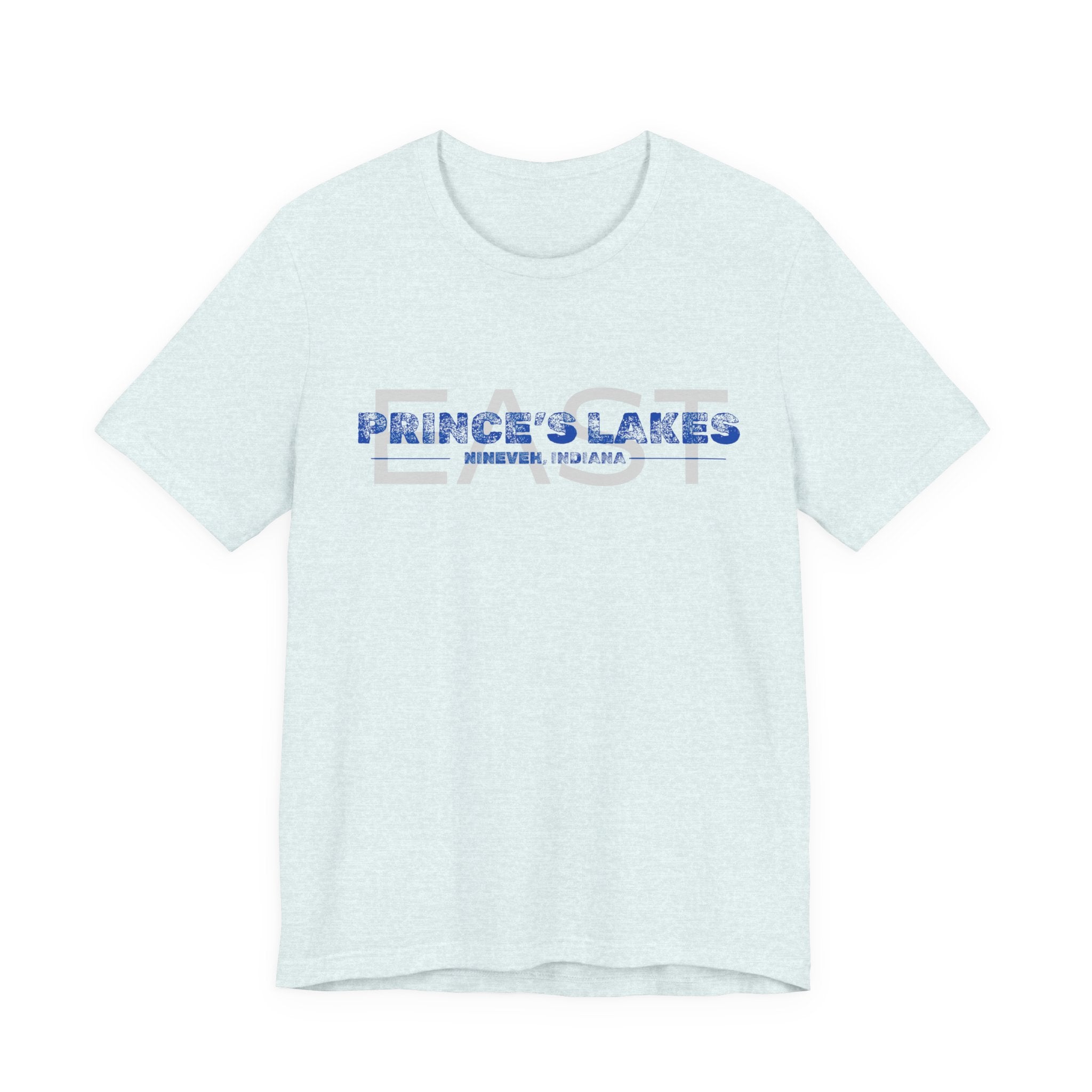 EAST Prince's Lakes, Indiana Tee — Vintage Blue Text Short Sleeve T-Shirt
