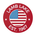 Lamb Lake Est. 1967 Round Vinyl Sticker — American Flag Lake Pride