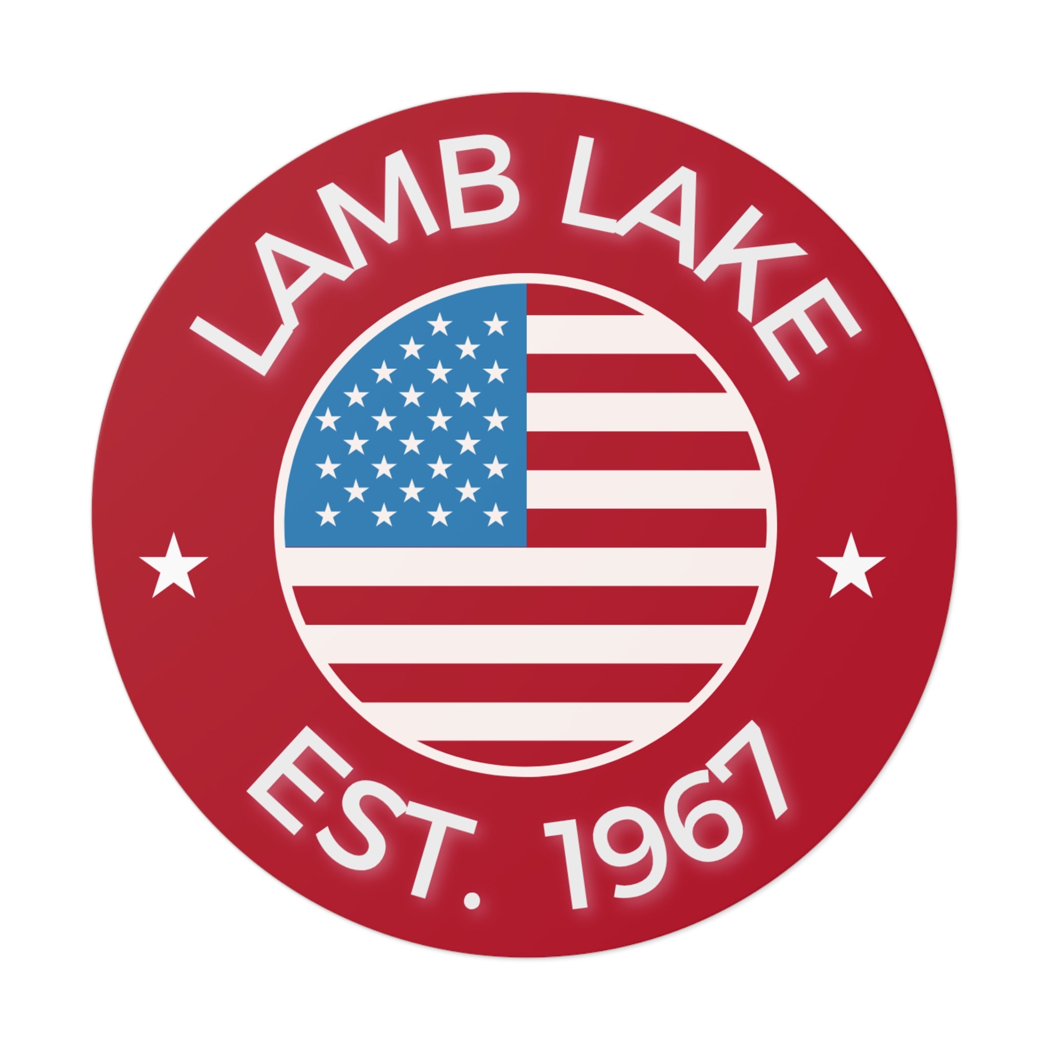 Lamb Lake Est. 1967 Round Vinyl Sticker — American Flag Lake Pride