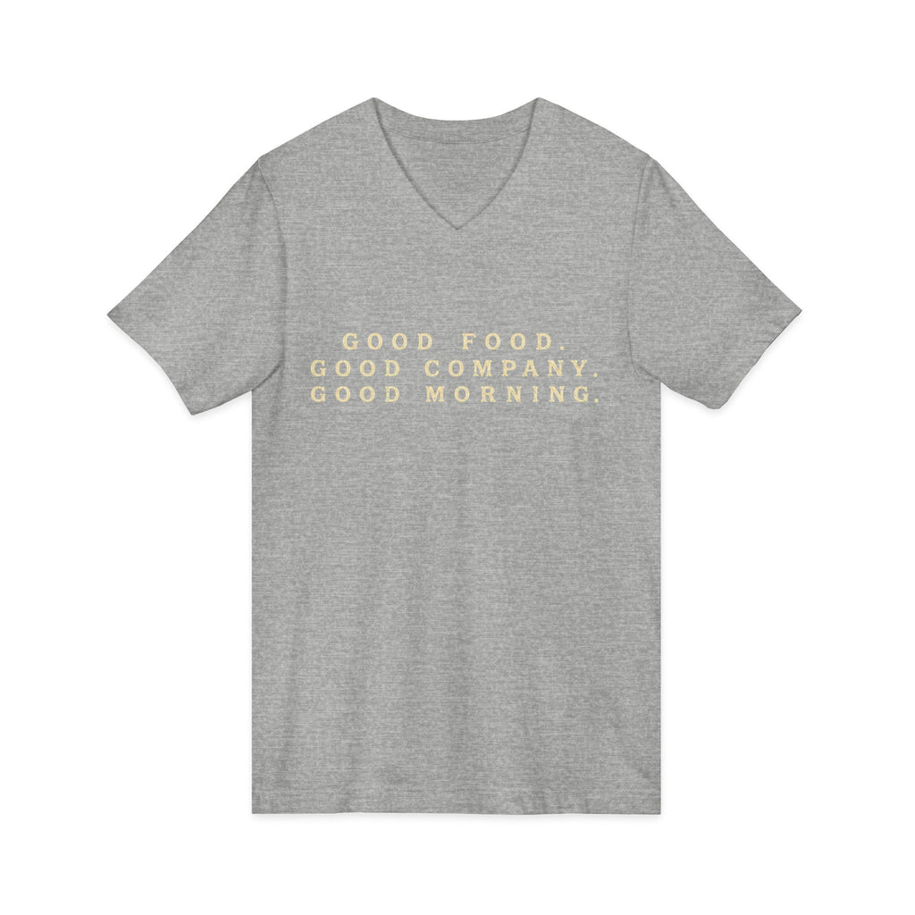 Good Food Good Company Good Morning V-Neck Tee — Retro Lake Breakfast Club Graphic Shirt