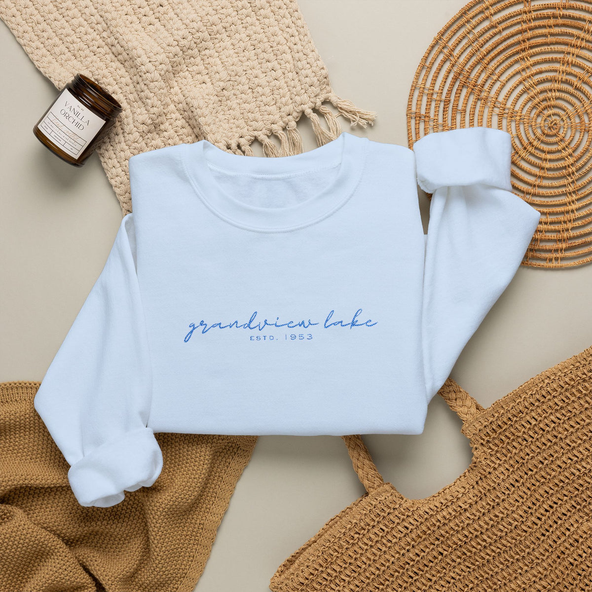 Grandview Lake Script Embroidered Unisex Sweatshirt — Minimal Blue Handwritten Logo Crewneck