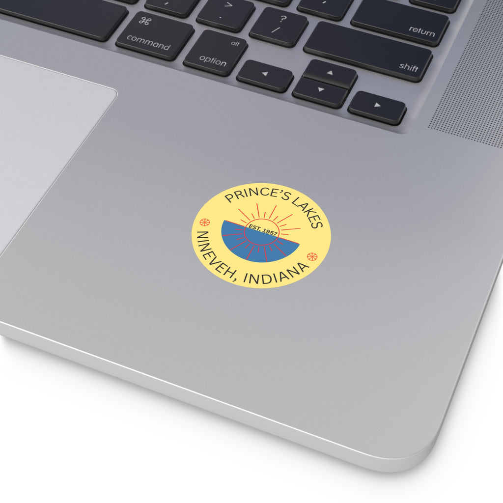 Prince’s Lakes Round Vinyl Sticker — Nineveh, Indiana Souvenir (Est. 1957)