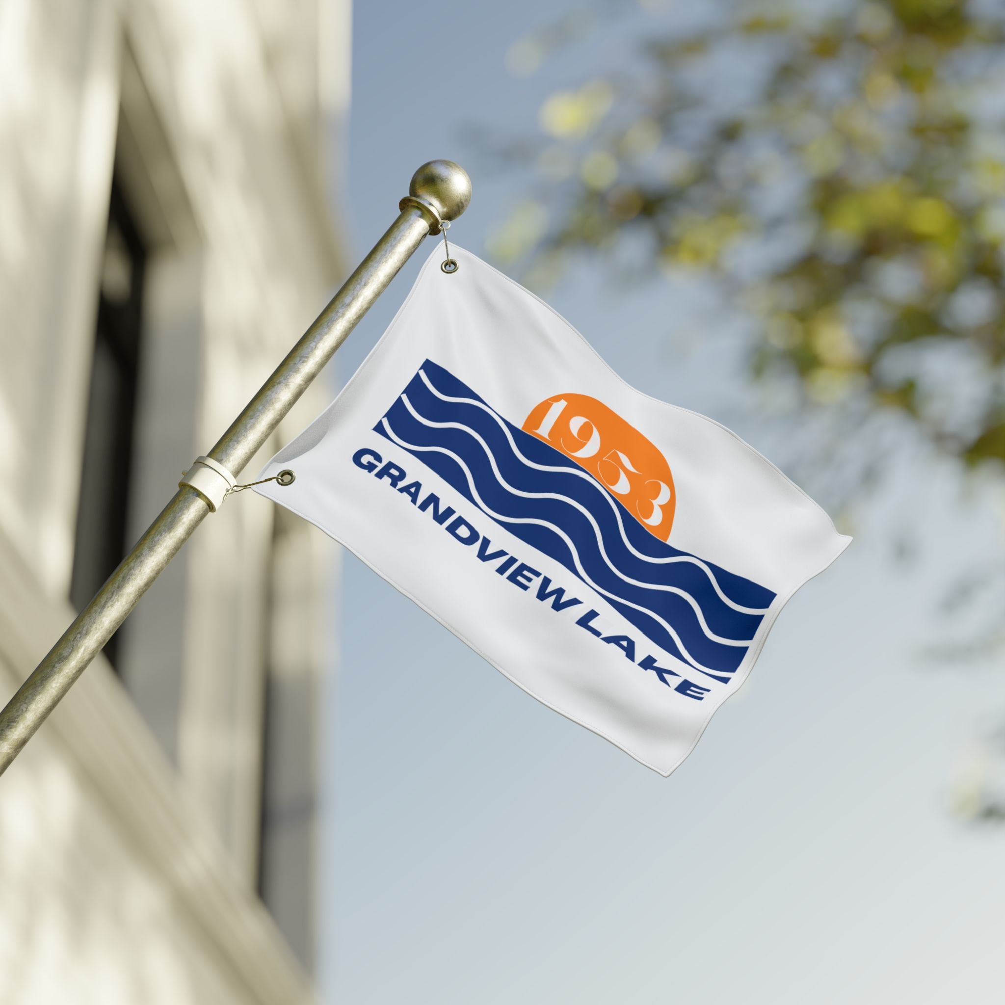 Grandview Lake Double-Sided Outdoor Flag — Sunset Wave Logo Garden Flag