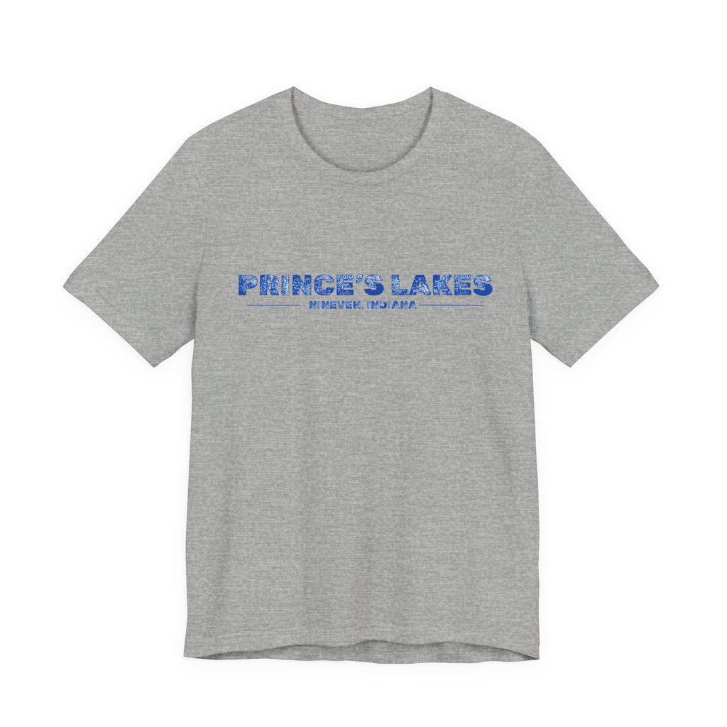 Prince's Lakes, Indiana Tee — Vintage Blue Text Short Sleeve T-Shirt