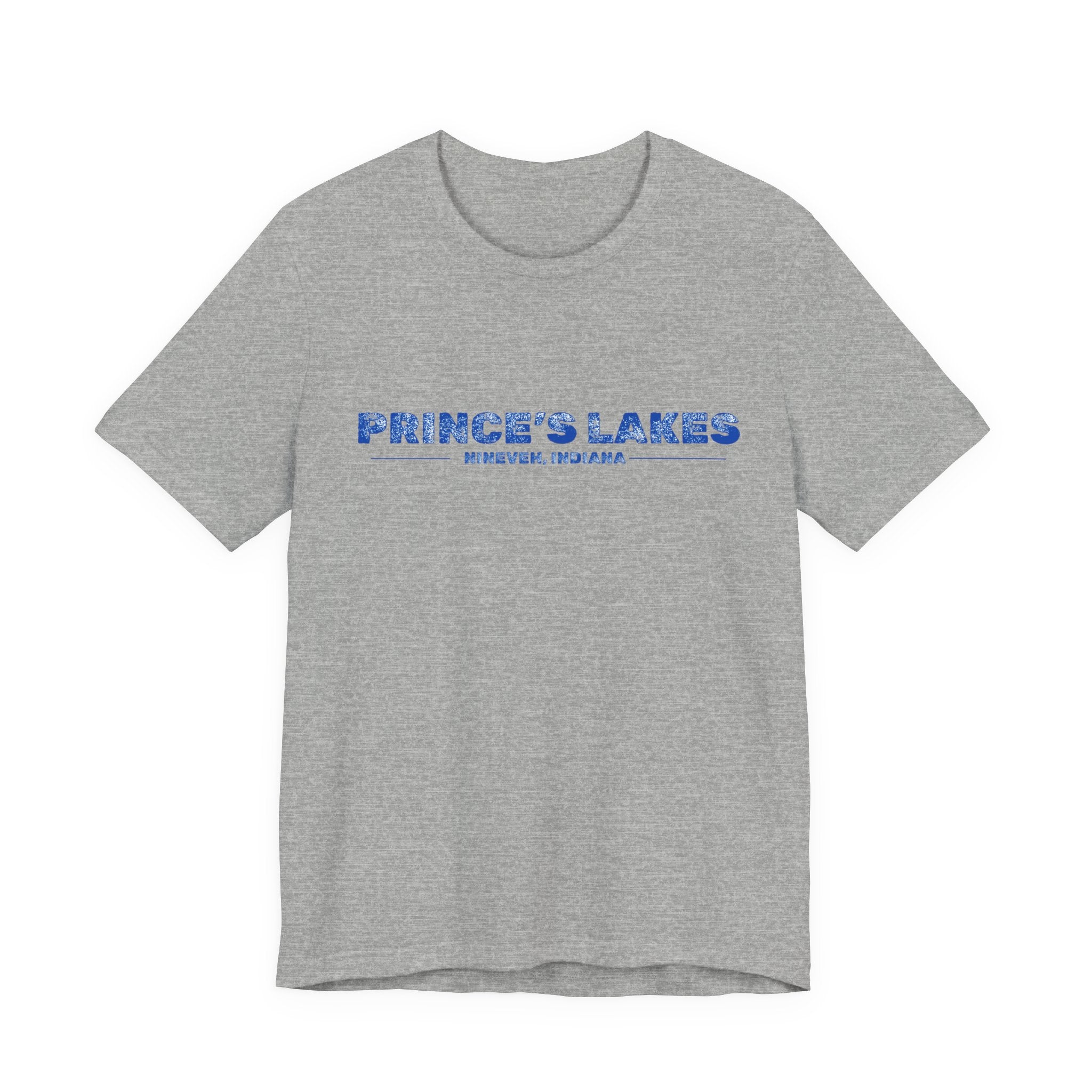 Prince's Lakes, Indiana Tee — Vintage Blue Text Short Sleeve T-Shirt