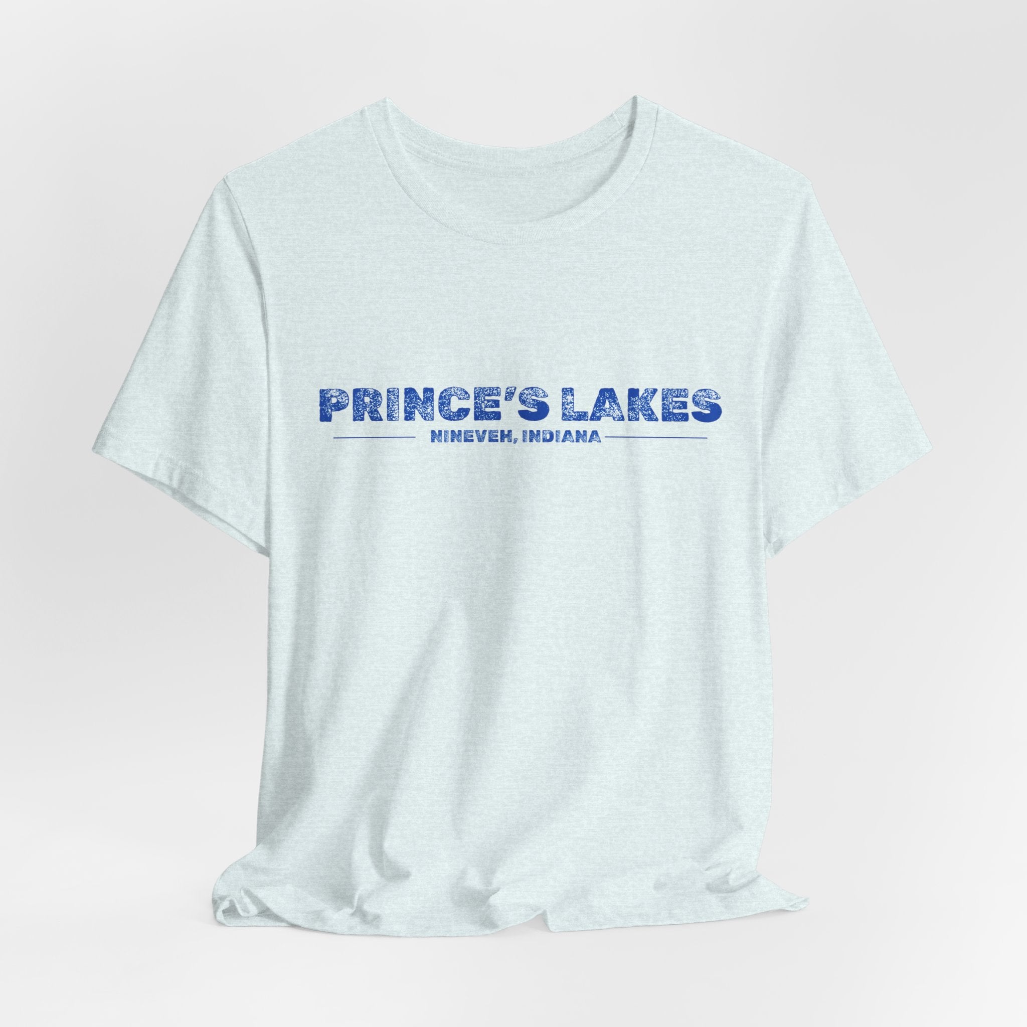 Prince's Lakes, Indiana Tee — Vintage Blue Text Short Sleeve T-Shirt