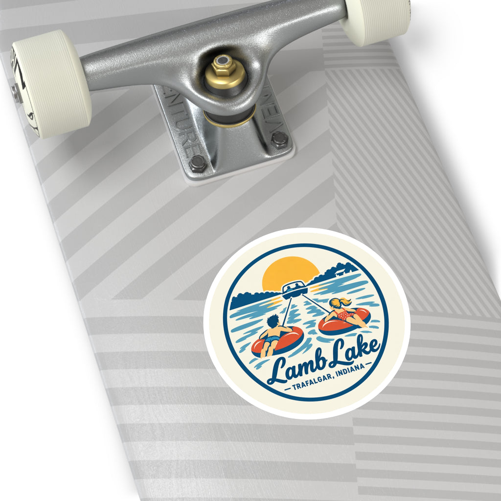 Lamb Lake Round Sticker — Retro Lake Tubing Design (Trafalgar, Indiana)