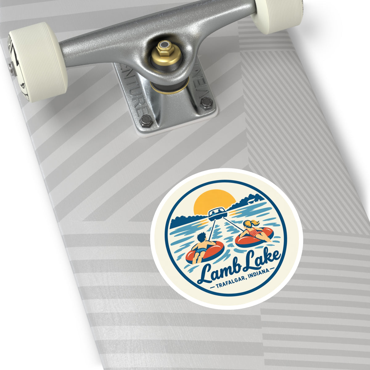 Lamb Lake Round Sticker — Retro Lake Tubing Design (Trafalgar, Indiana)