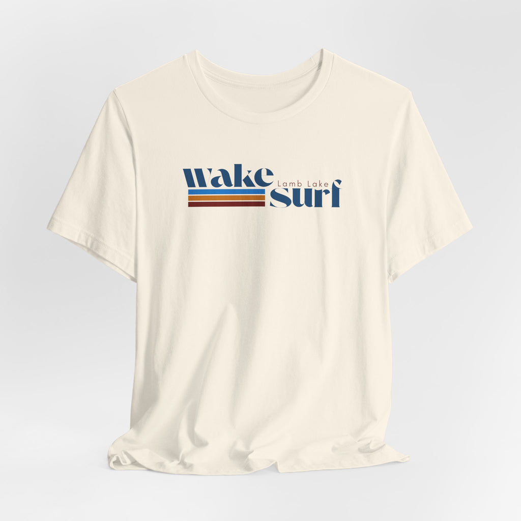 Wake Surf Lamb Lake Stripe Tee — Retro Surfing Graphic T-Shirt
