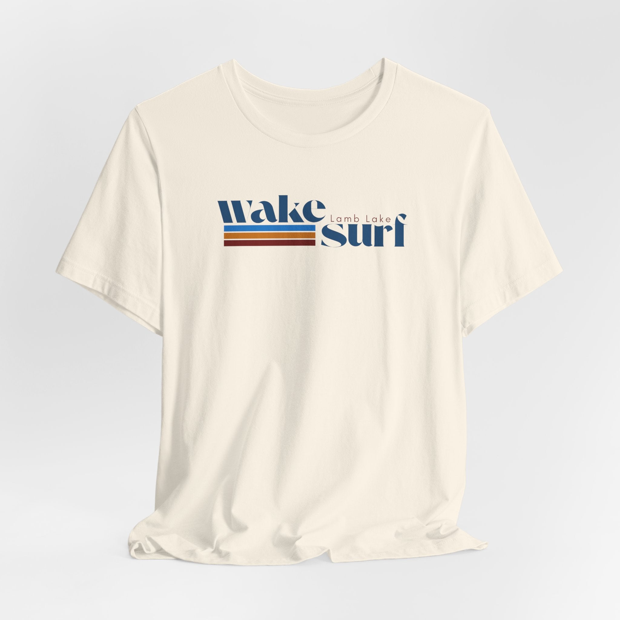 Wake Surf Lamb Lake Stripe Tee — Retro Surfing Graphic T-Shirt