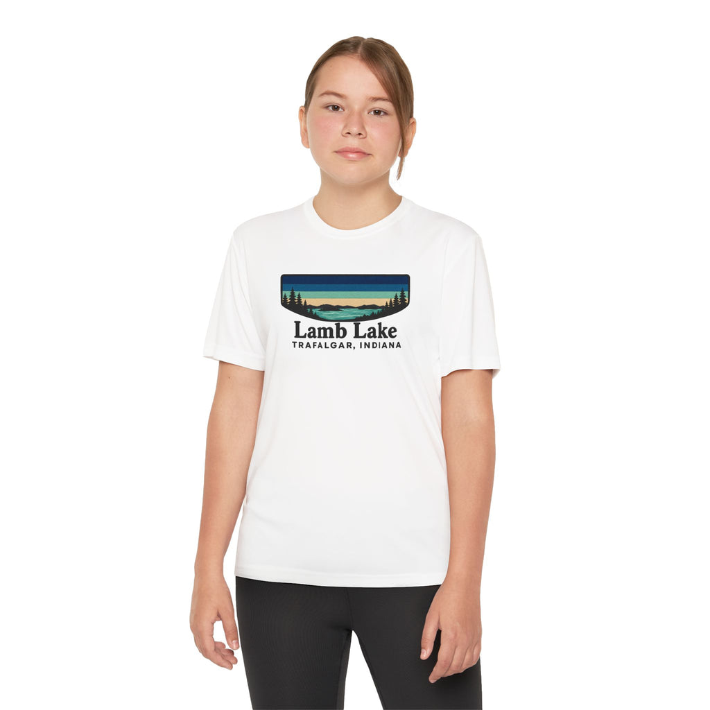 Youth Performance Tee — Lamb Lake Retro Sunset Camp Shirt