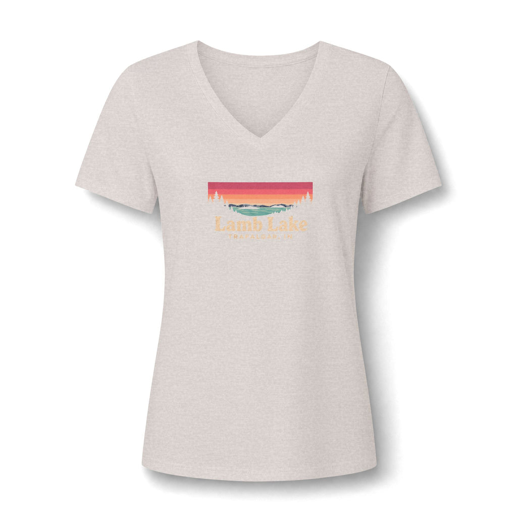 Lamb Lake Women's V-Neck Tee — Sunset Lake Graphic