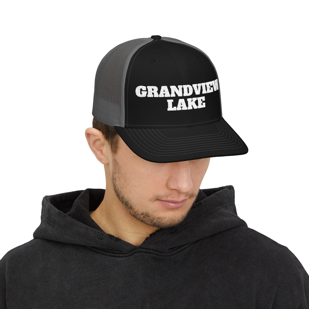 Grandview Lake Trucker Hat — Vintage White Mesh Snapback Cap